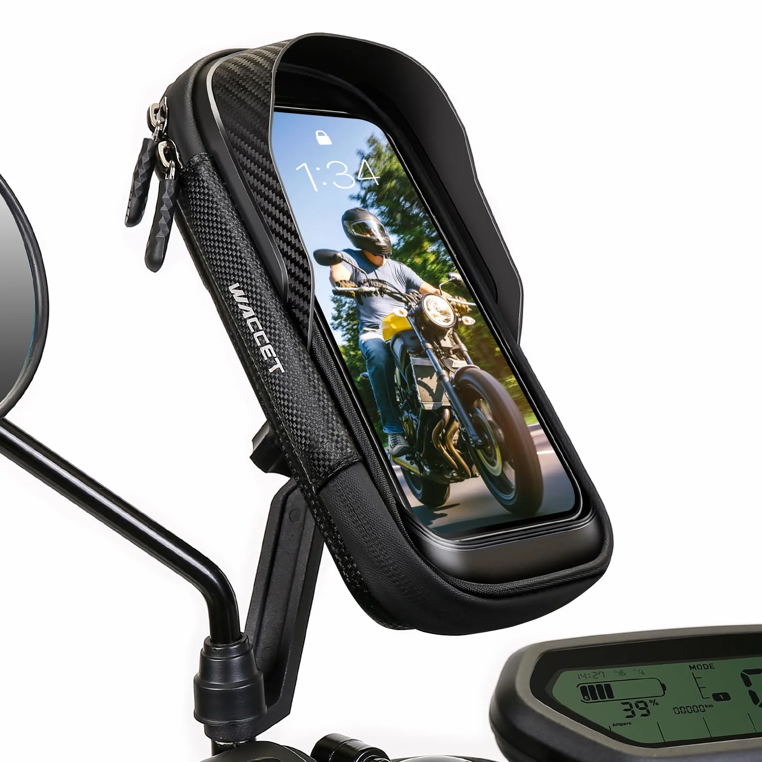 Soporte Movil Moto, Soporte Movil Scooter 360° Rotación Porta Móvil Moto Impermeable para Retrovisor con Pantalla Táctil para 4,0-7,2" Teléfono (Negro)