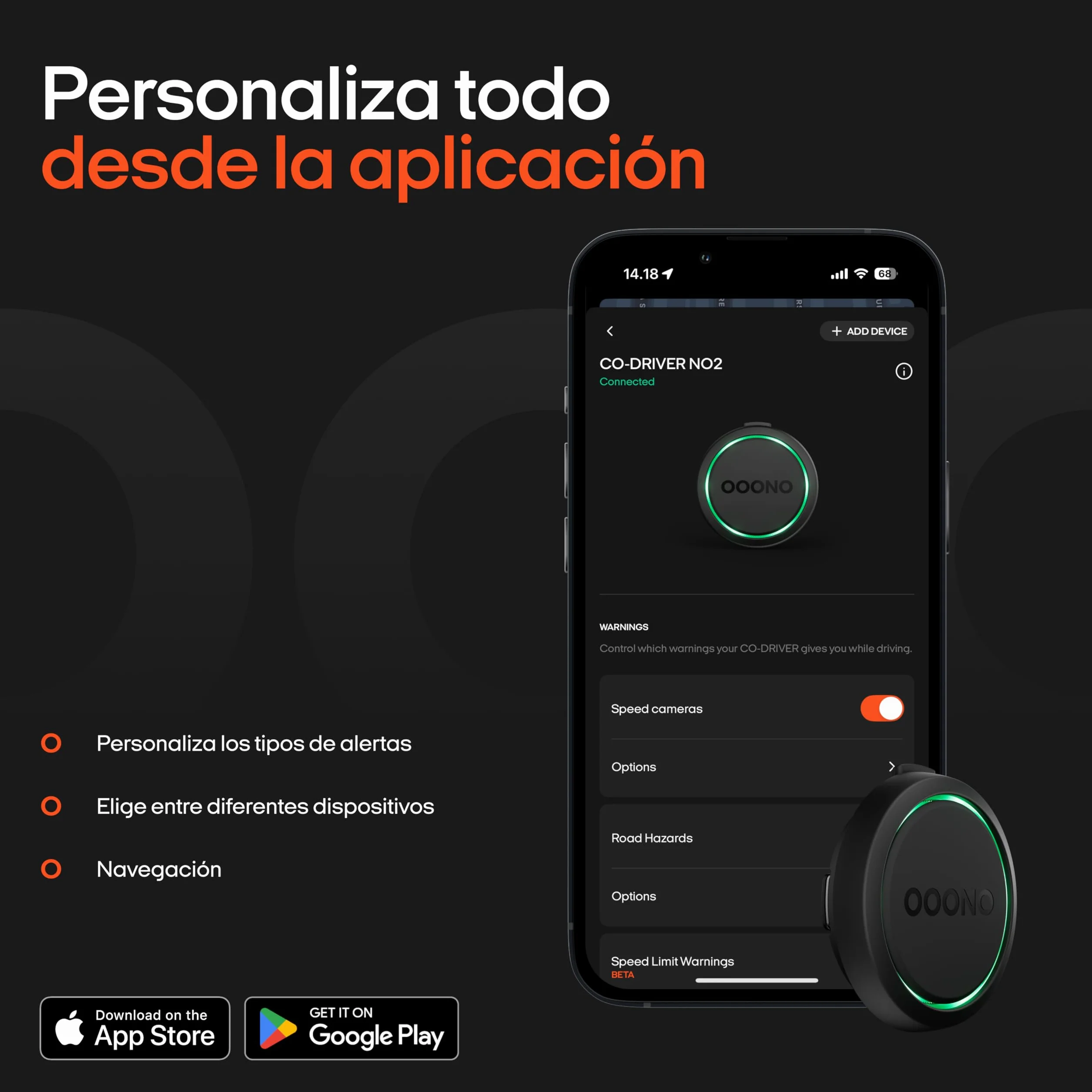 OOONO Co-Driver 2 Alertas de radares y peligros en Tiempo Real Recargable USB-C Compatible con Apple CarPlay y Android Auto