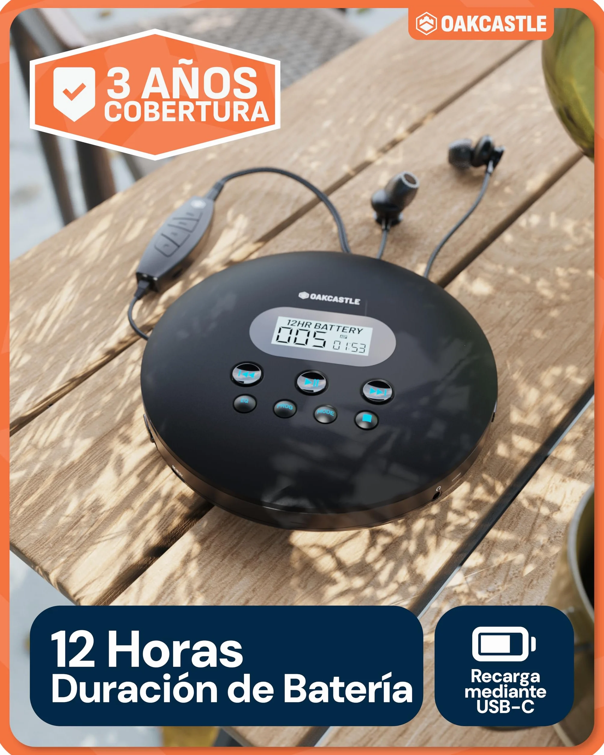 OAKCASTLE CD100 Reproductor de CD Portátil Bluetooth Batería Recargable 12 Horas AUX Auriculares
