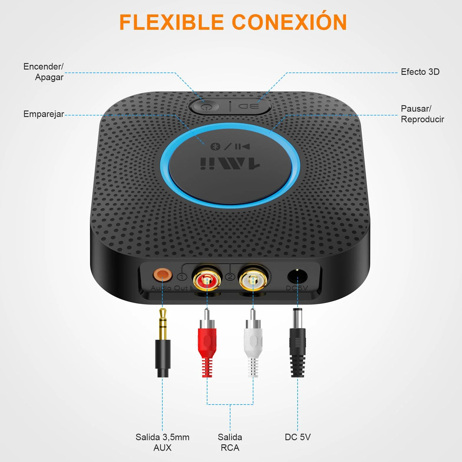 1Mii Bluetooth 5.3 Receptor Audio Adaptador Inalámbrico RCA/AUX 3.5mm Jack 3D Surround 50m