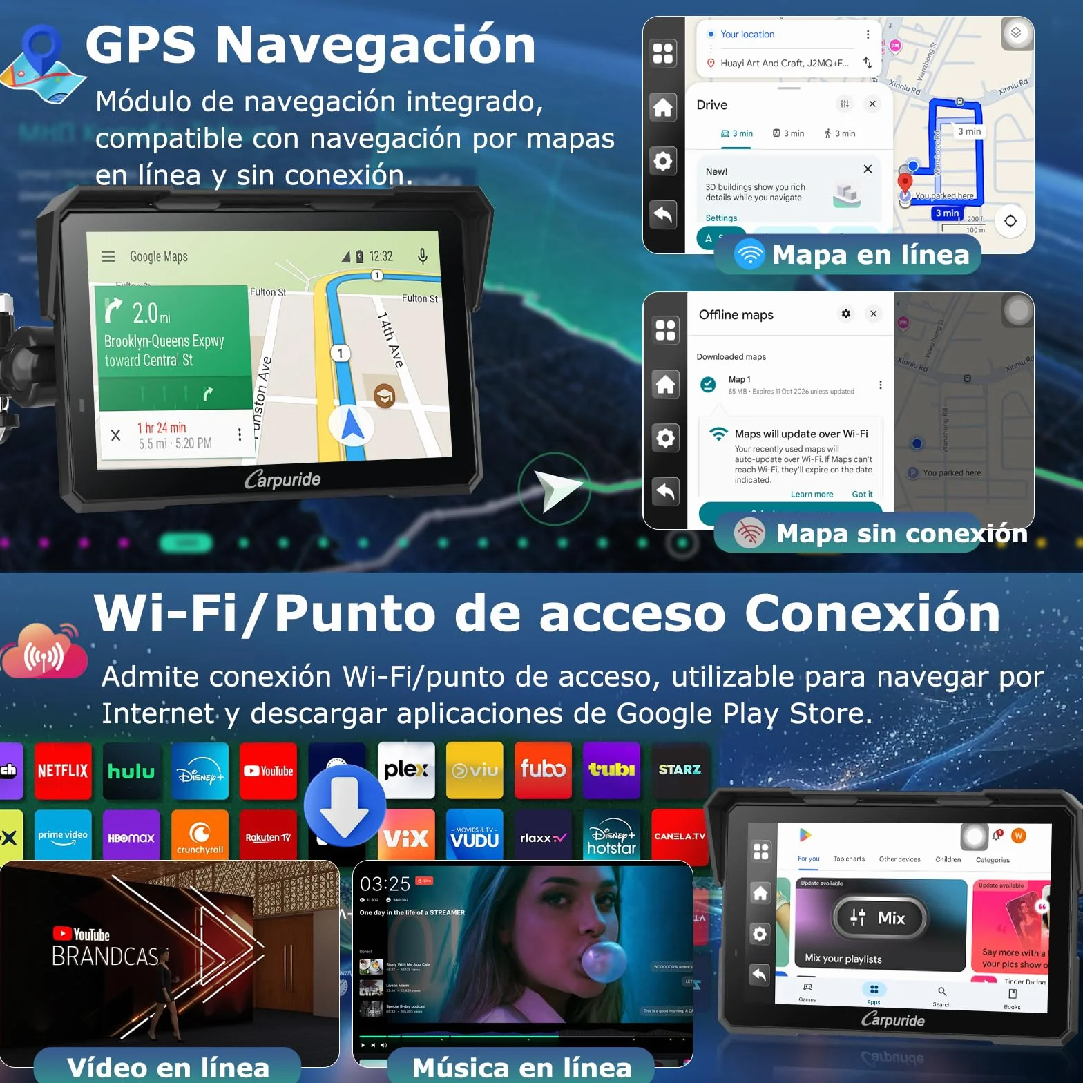 Carpuride W702 Plus Motocicleta Carplay Pantalla con Doble Cámara 7" Pantalla Táctil Impermeable CarPlay Android Auto Inalámbricos