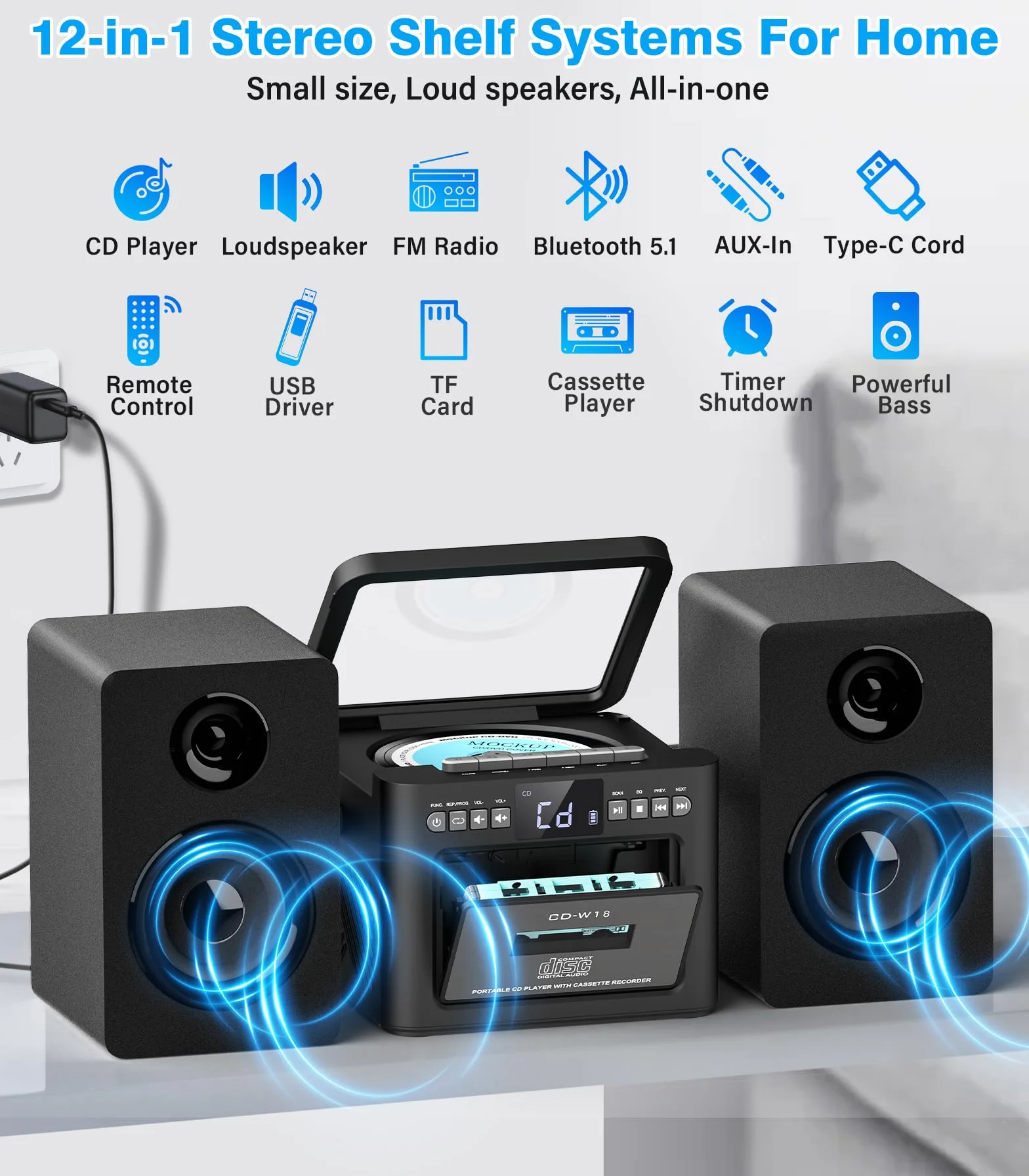 Sistema estéreo para el hogar con reproductor CD y cassette, altavoces 40 W Bluetooth, radio FM/USB/TF/AUX/control remoto, alta fidelidad