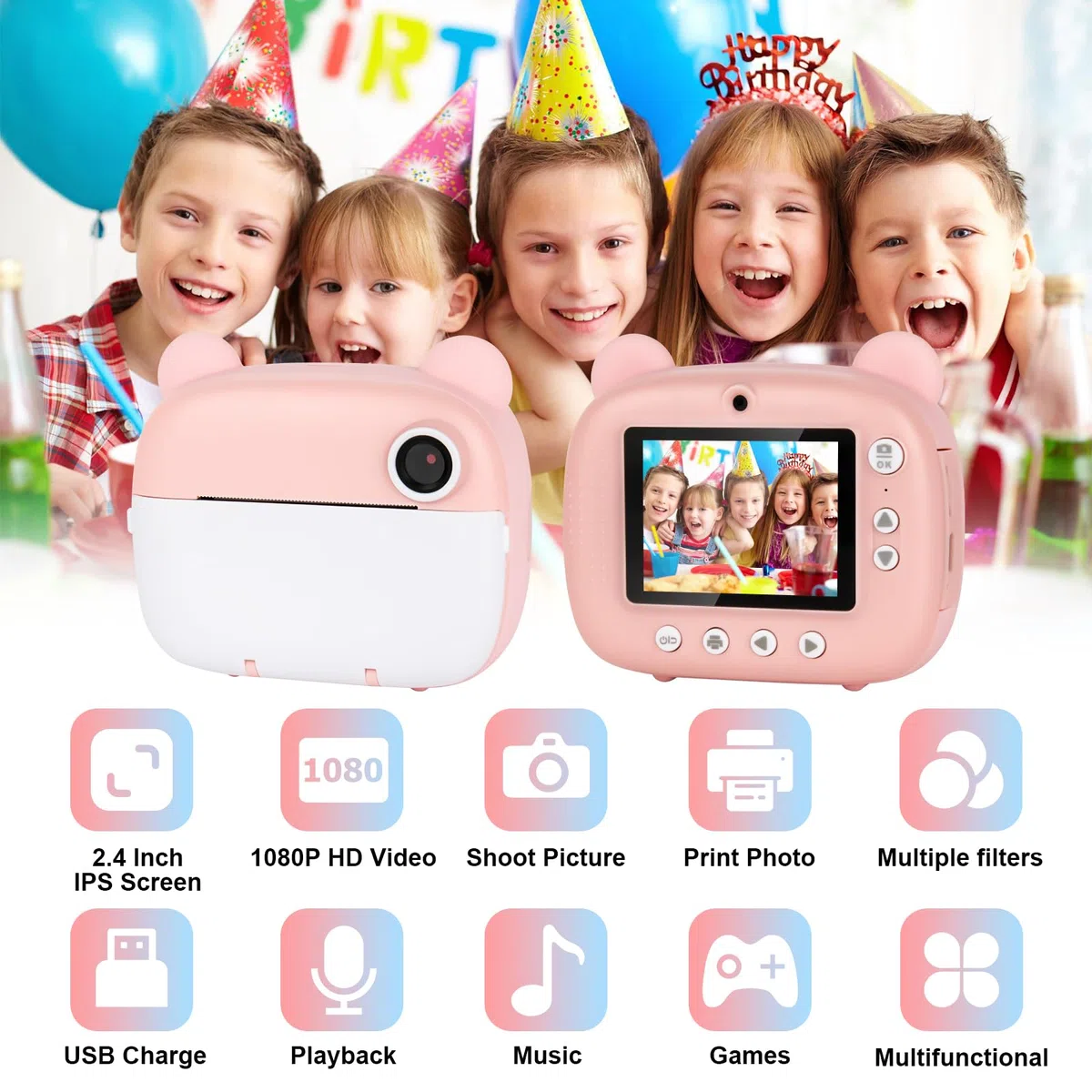 Cámara de fotos infantil, 1080p, cámara instantánea infantil, con tarjeta de 32 GB, papel fotográfico, 3 – 12 años, Navidad, cumpleaños, regalo para niñas y niños (rosa)