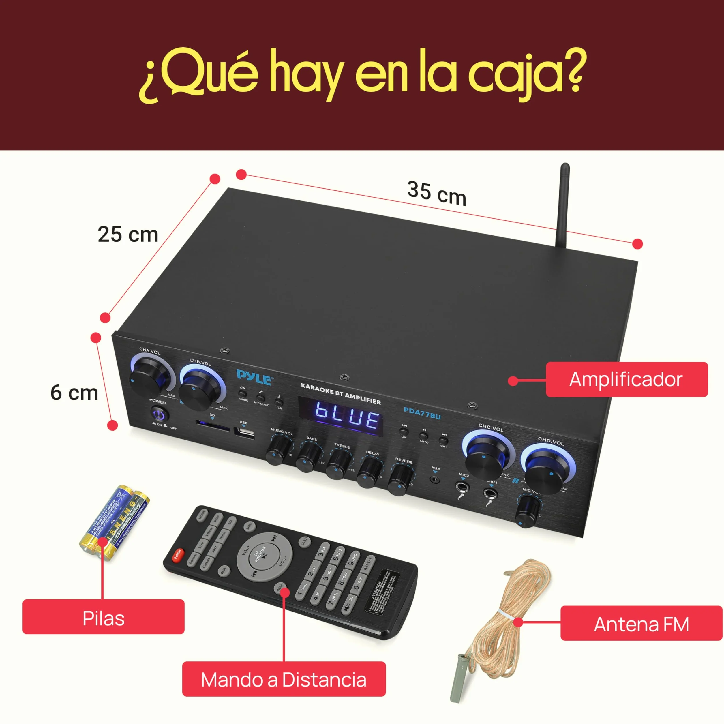 Pyle Amplificador de Sonido, Cine en casa, 800W, Bluetooth, Estereo, para el hogar, 4 Canales, con MP3/USB/SD/AUX/RCA/FM, Microfono, Auriculares, Volumen LED