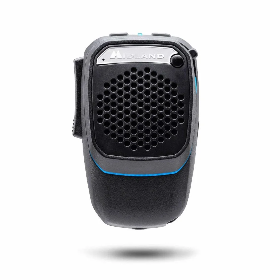 Midland - Micrófono Inalámbrico Bluetooth Dual Mike para CB Talk y Altavoz para Camión/Coche/Camper con Modo Analógico y Digital, Altavoces Super Bass 3W, DSP, Soporte y Aro de Luz, Cable USB de Carga