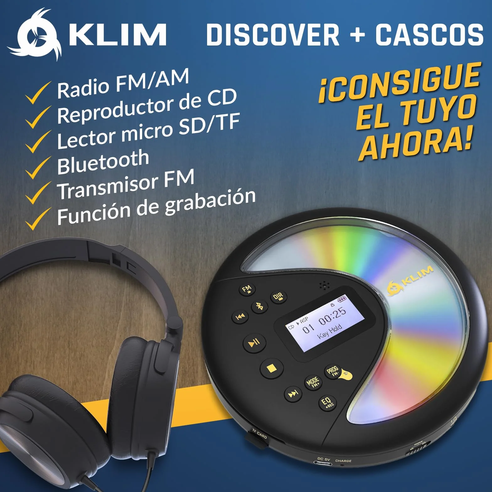 Klim Discover Reproductor CD Portátil Discman Radio FM Bluetooth MP3 SD Batería Larga Negro/Dorado