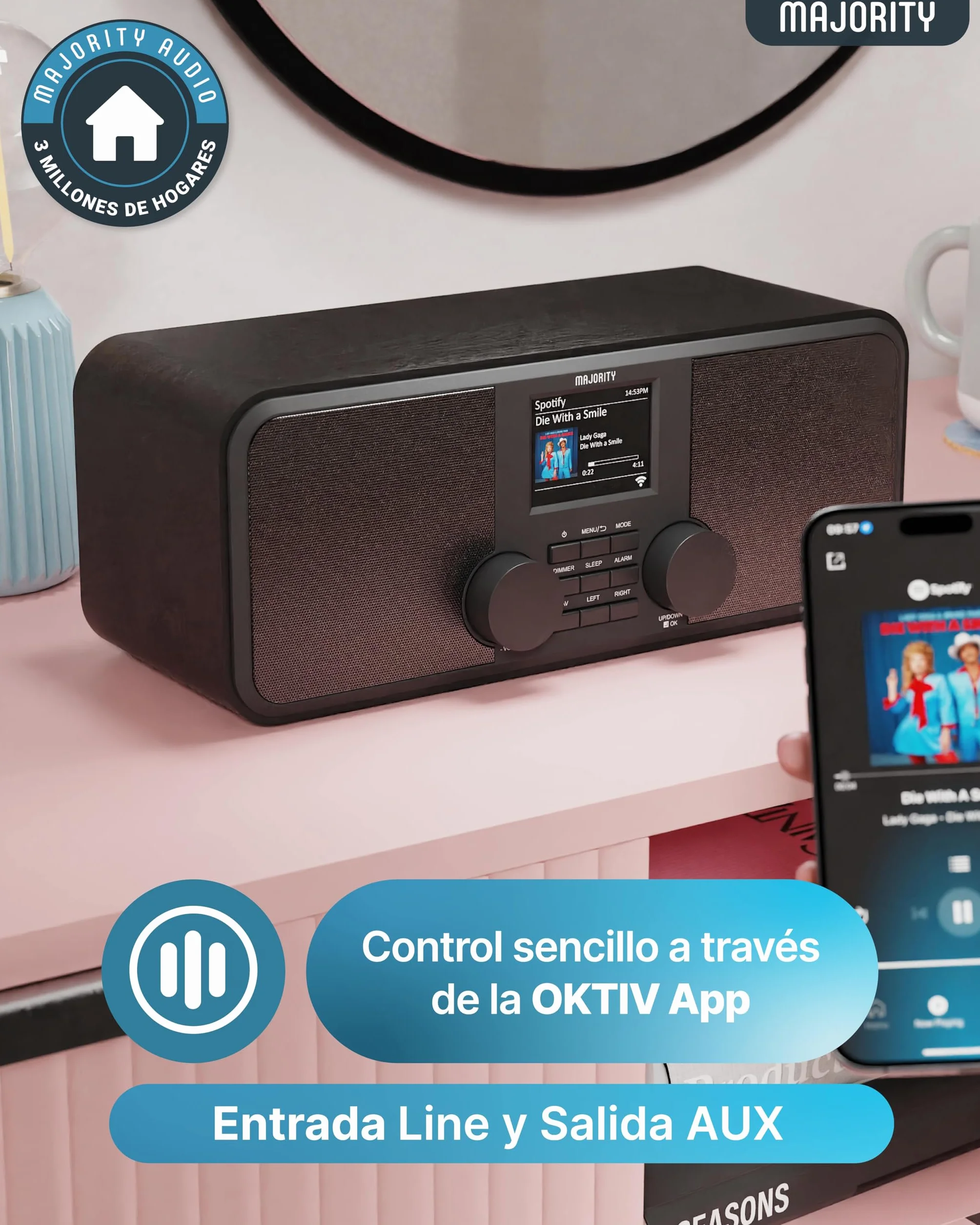 Radio Internet WiFi con Bluetooth | Radio Dab+ y FM | 2.0 Altavoces Estéreo | Spotify Connect y Podcasts | Mando a Distancia Incluido o Control con la Aplicación OKTIV | MAJORITY Rostock