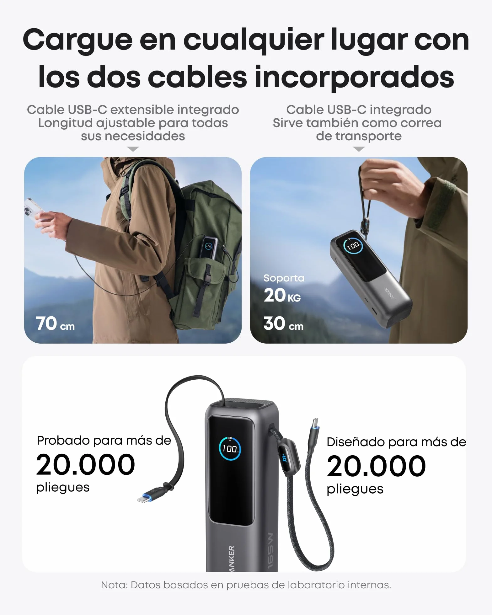Anker Zolo Power Bank Cargador portátil de 25000mAh y 165W, Tres Puertos USB-C de 100W MAX, Apto para Avión, Cables Integrados y retráctiles, para iPhone 17/16/15, MacBook y más