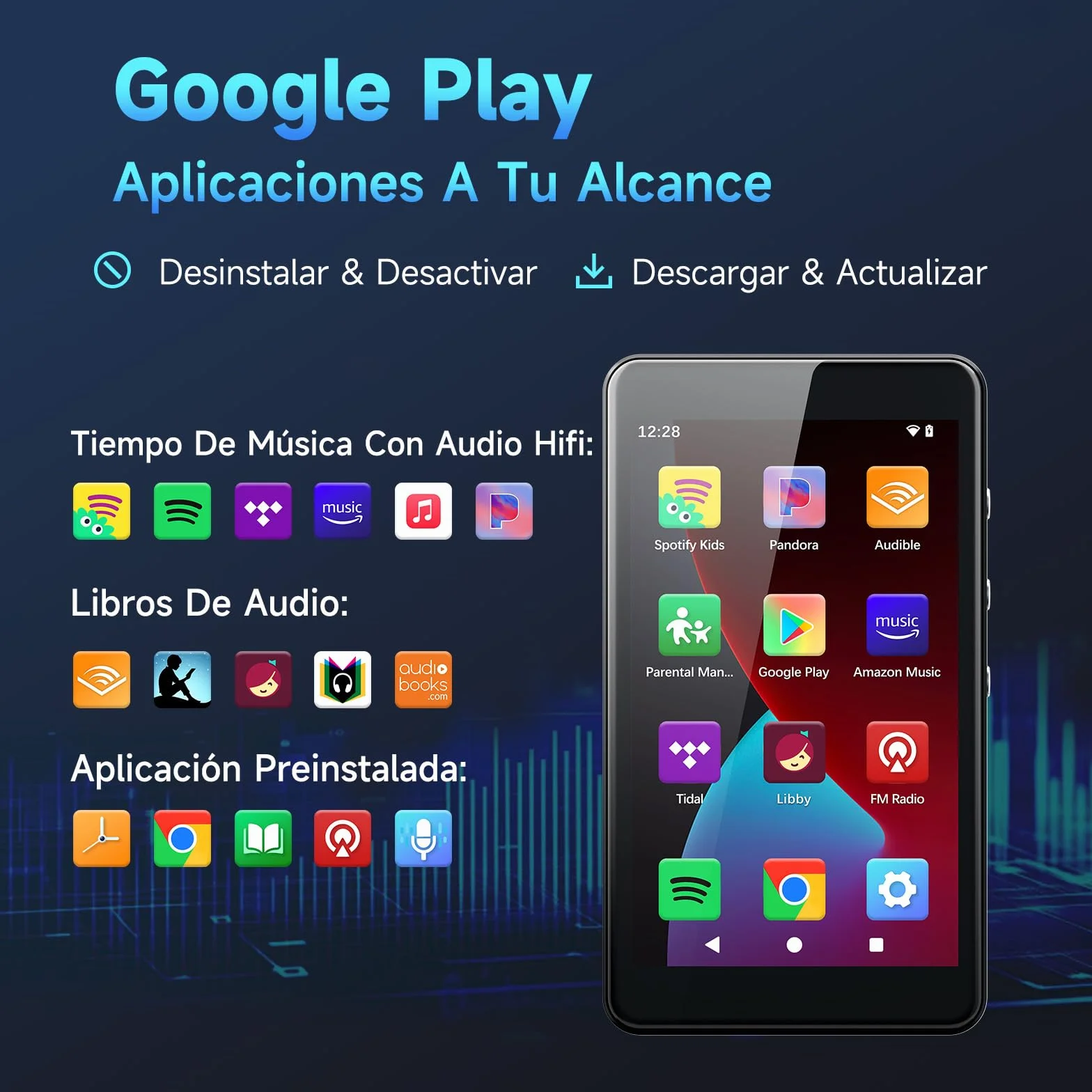 Reproductor MP3 Android 14 con Spotify, Play Store, Amazon Music, Audible, Libby, Reproductor de música MP4 con Pantalla táctil de 4" para niños con Control Parental, Modo Eye-Care (Negro Brillante)