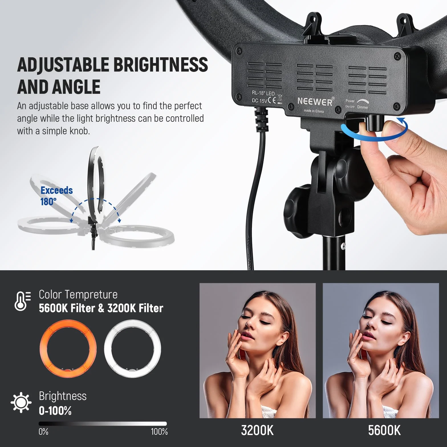 NEEWER Aro de Luz con Trípode: 48cm 55W 5600K Regulable LED Anillo de Luz con Soporte para Móvil, Luz Fotografía Ring Light para Cámara Profesional, Luz Selfie para TikTok/Youtube/Peluquería
