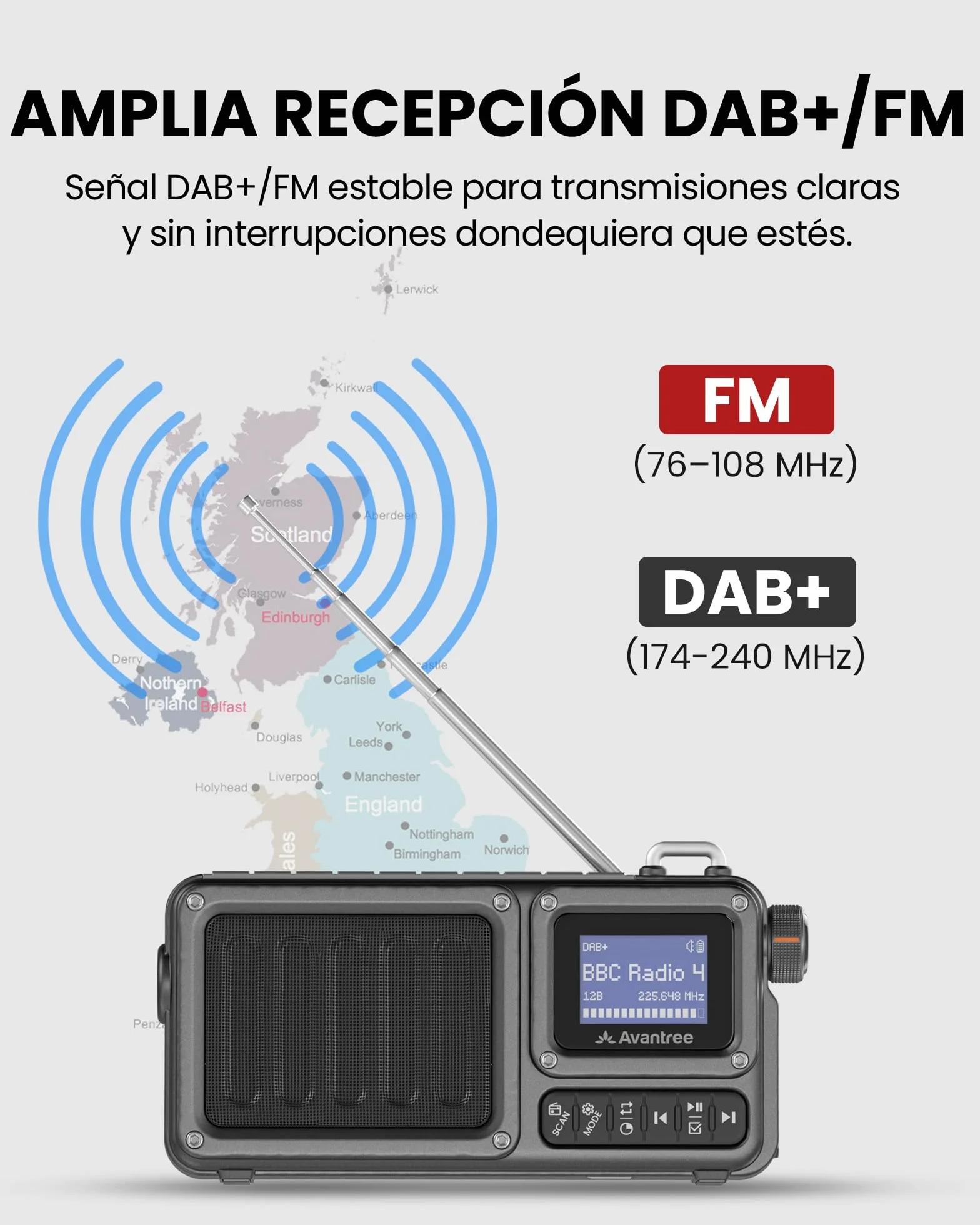 Avantree SP851 – Radio Digital Portátil Dab+/FM con Bluetooth 6.0, Altavoz Recargable, Compatible con TF/USB, Pantalla LCD, Búsqueda Automática & Linterna Casa, Cocina & Exterior