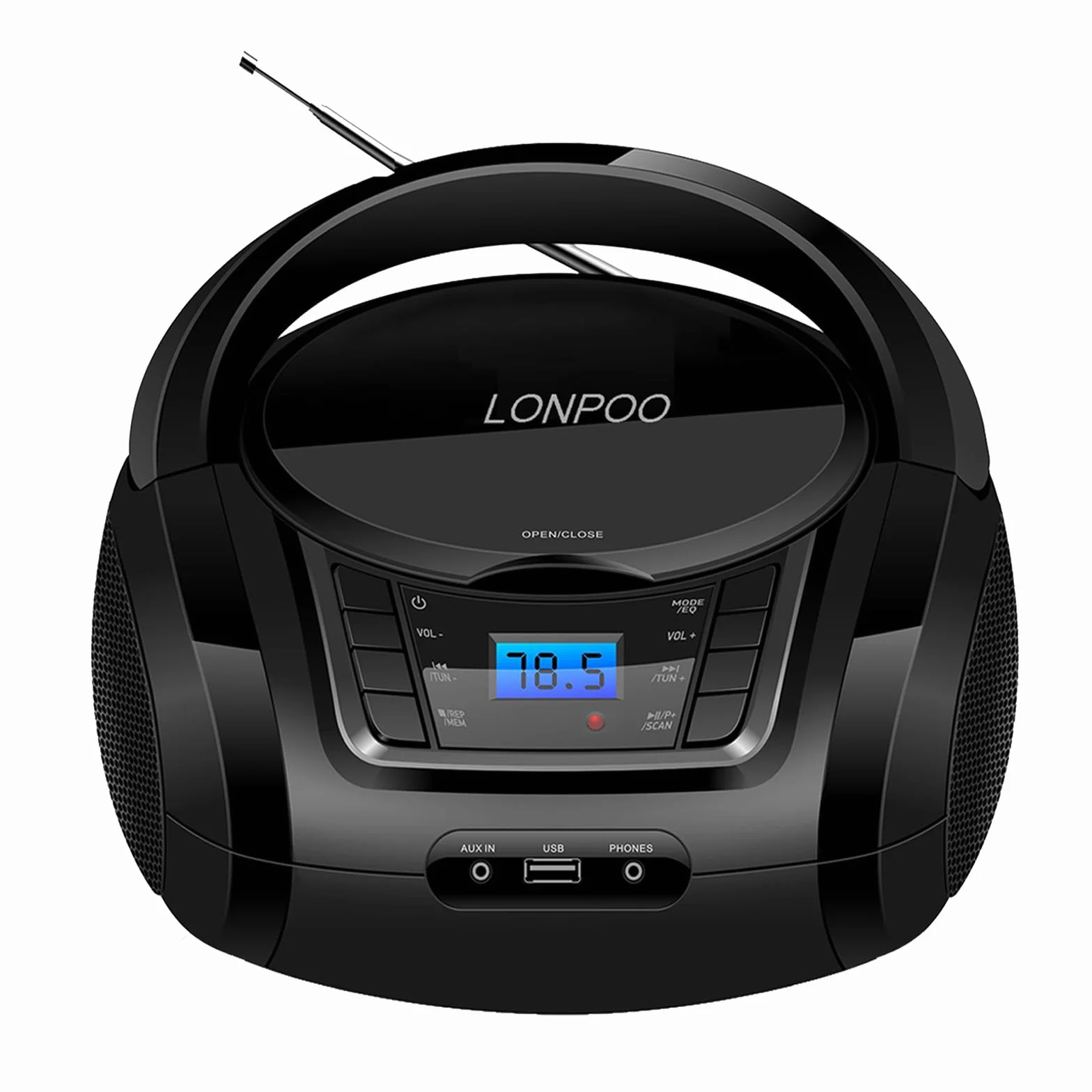 LONPOO Lectore de CD Portátil Boombox Reproductor Bluetooth/Radio FM/USB 2.0 / AUX-IN/Salida de Auriculares/Estéreo Altavoz /5 EQ