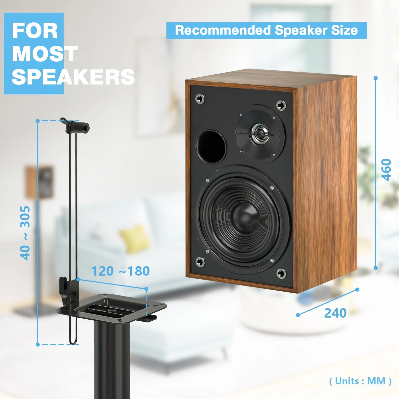 Soporte para Altavoces 5Rcom Altura Ajustable para Satélite y Estantería, Pack de 2, Soporta 5kg por Unidad, Diseño Elegante, Montaje Fácil, Gestión de Cables