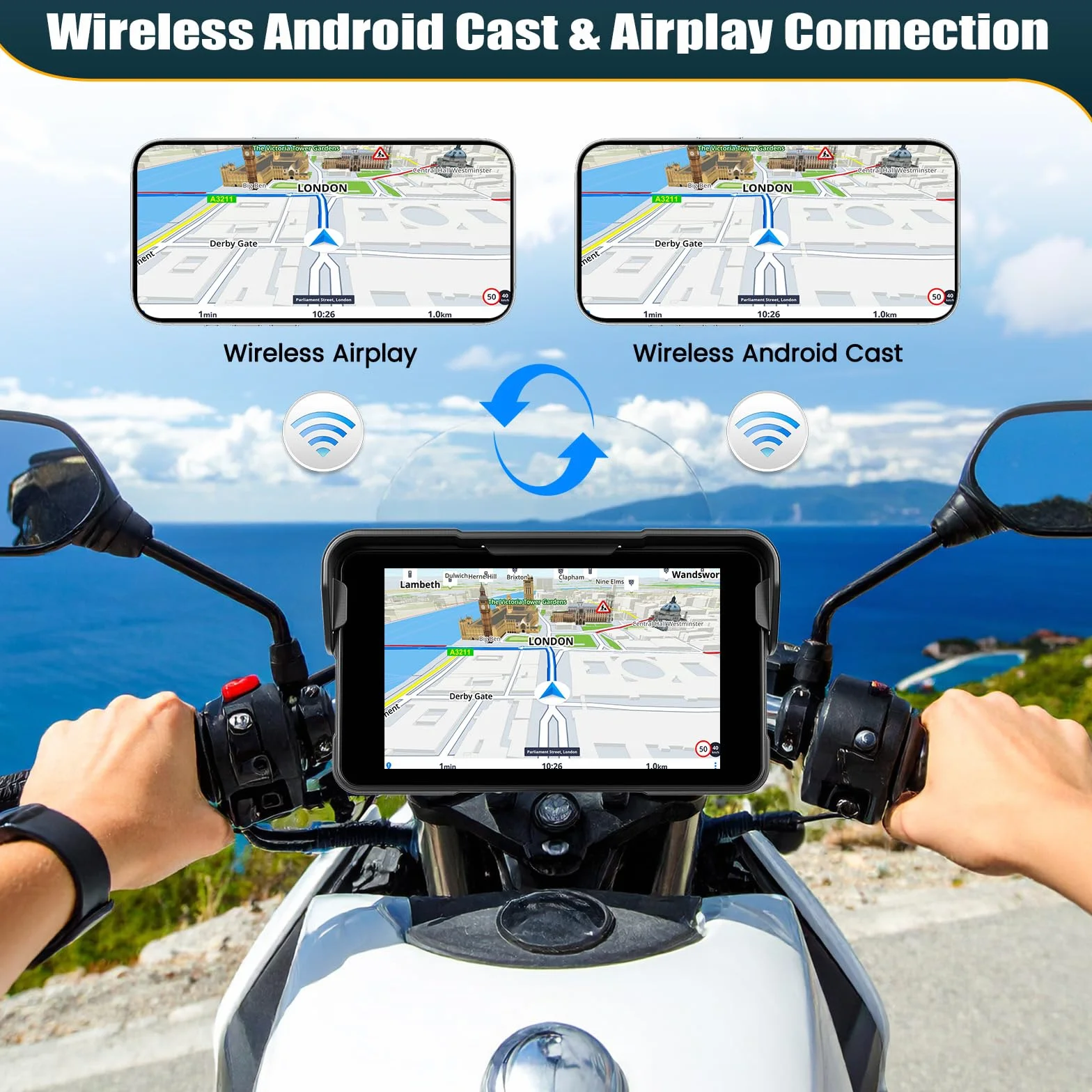 CAMECHO Moto Carplay Pantalla 5 Pulgadas Wireless Carplay Android Auto IP68 Navegación a Prueba de Agua