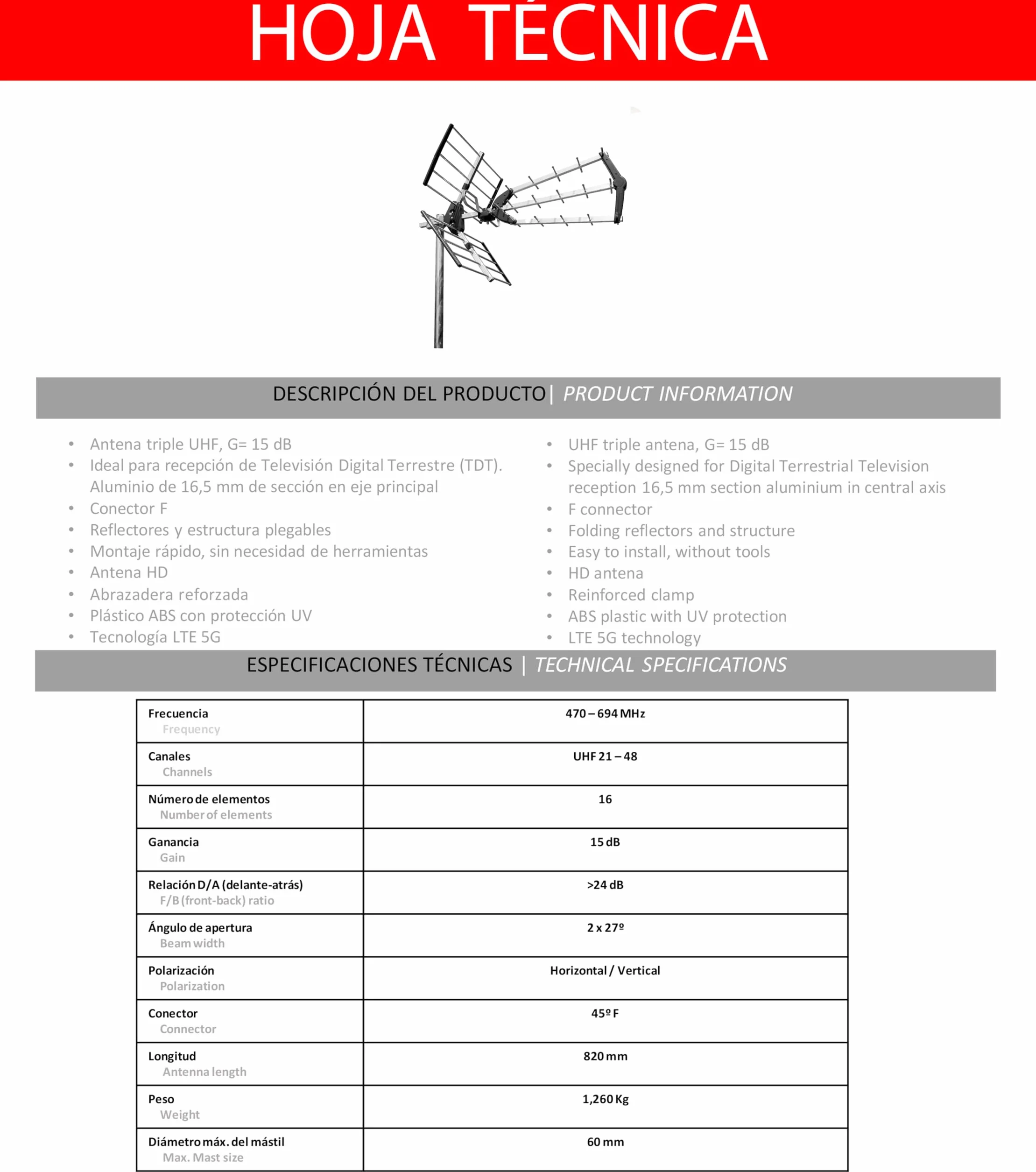 Antena TDT LTE 700 Alta Ganancia Triple Plegable UHF G=15 dB Aluminio 16,5 mm Negro