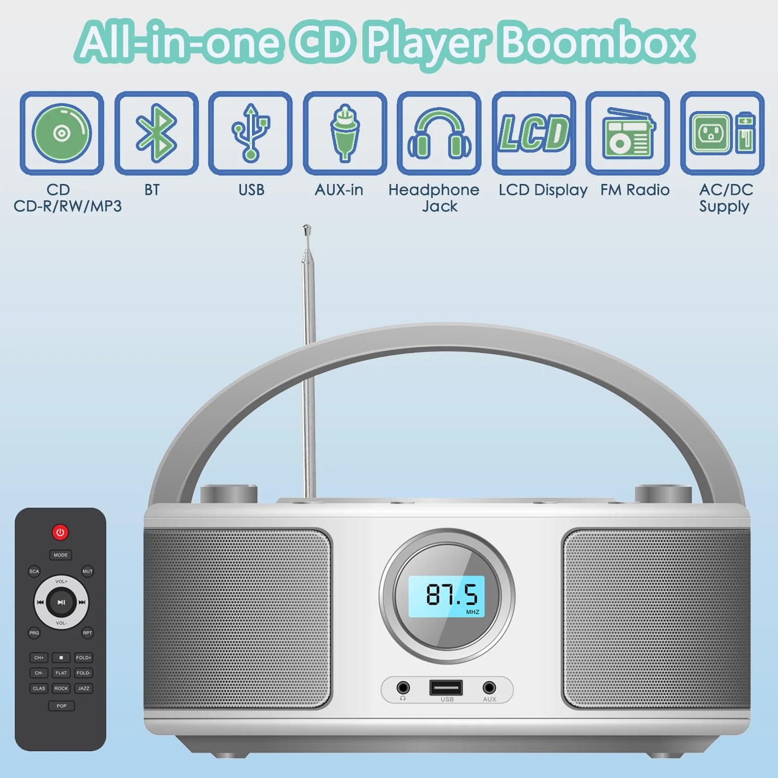 Radio CD Portátil Bluetooth USB MP3 Estéreo Boombox WTB791