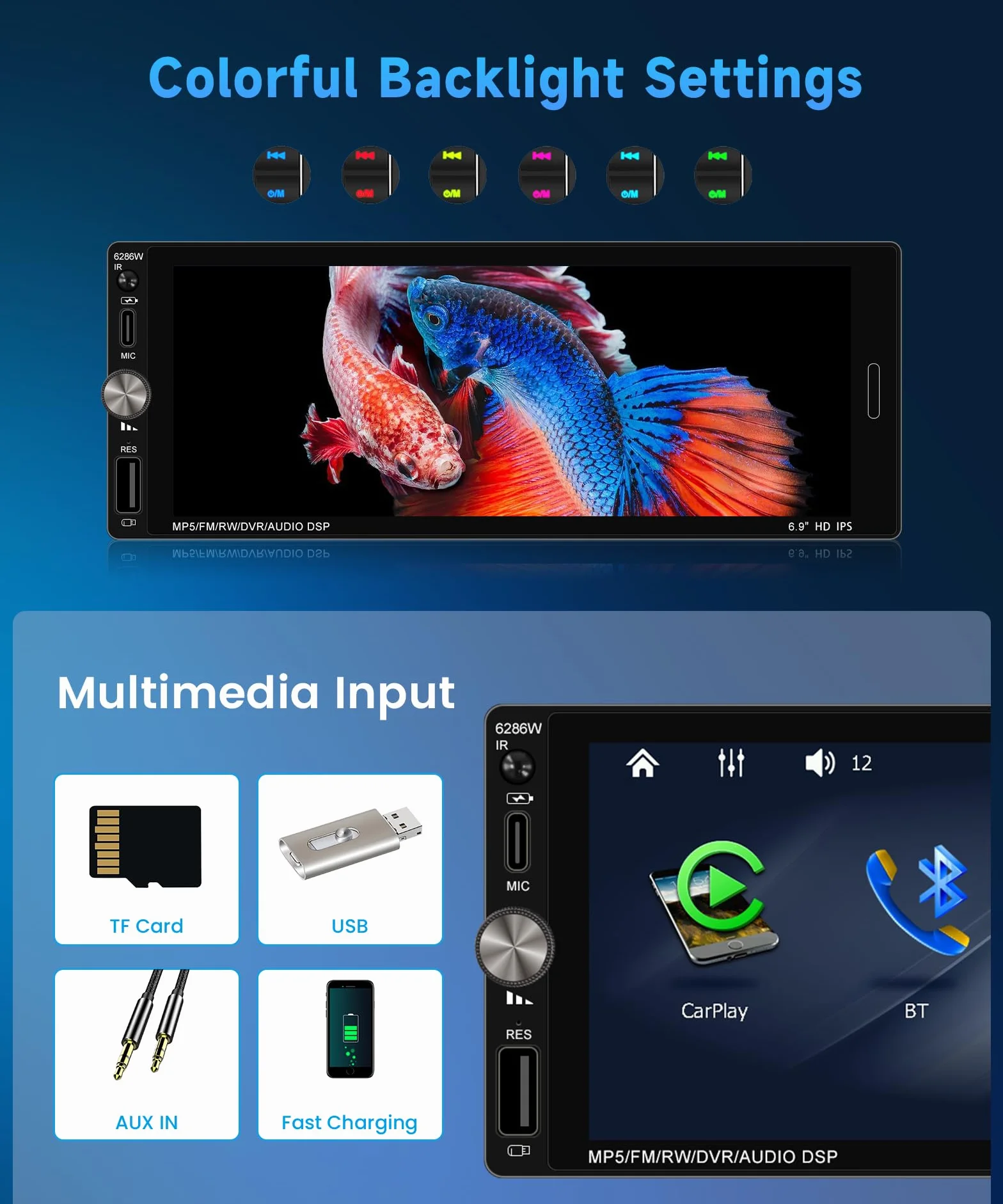Rimoody Wireless Carplay Radio de Coche 1 DIN con 6.9 Pulgadas IPS Pantalla para Coche con Bluetooth Manos Libres FM Tipo C USB EQ Control del Volante Cámara Trasera