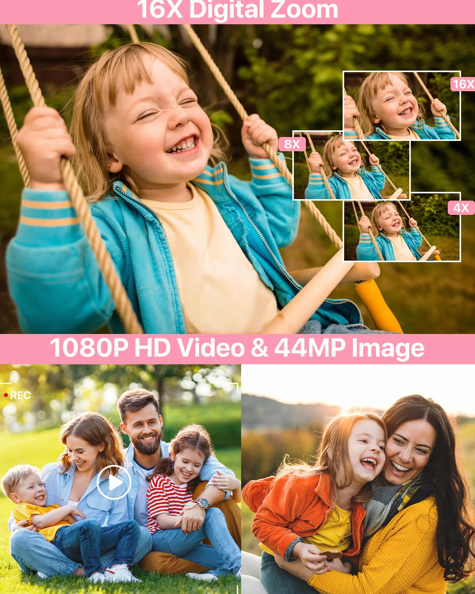 Cámara Digital 1080P Cámara de Fotos HD 44MP Cámara Digital Compacta con Pantalla LCD de 2,4 Pulgadas, Zoom Digital 16X, Tarjeta de Memoria Micro de 32G, 1 Batería para Niños, Adolescentes - Rose