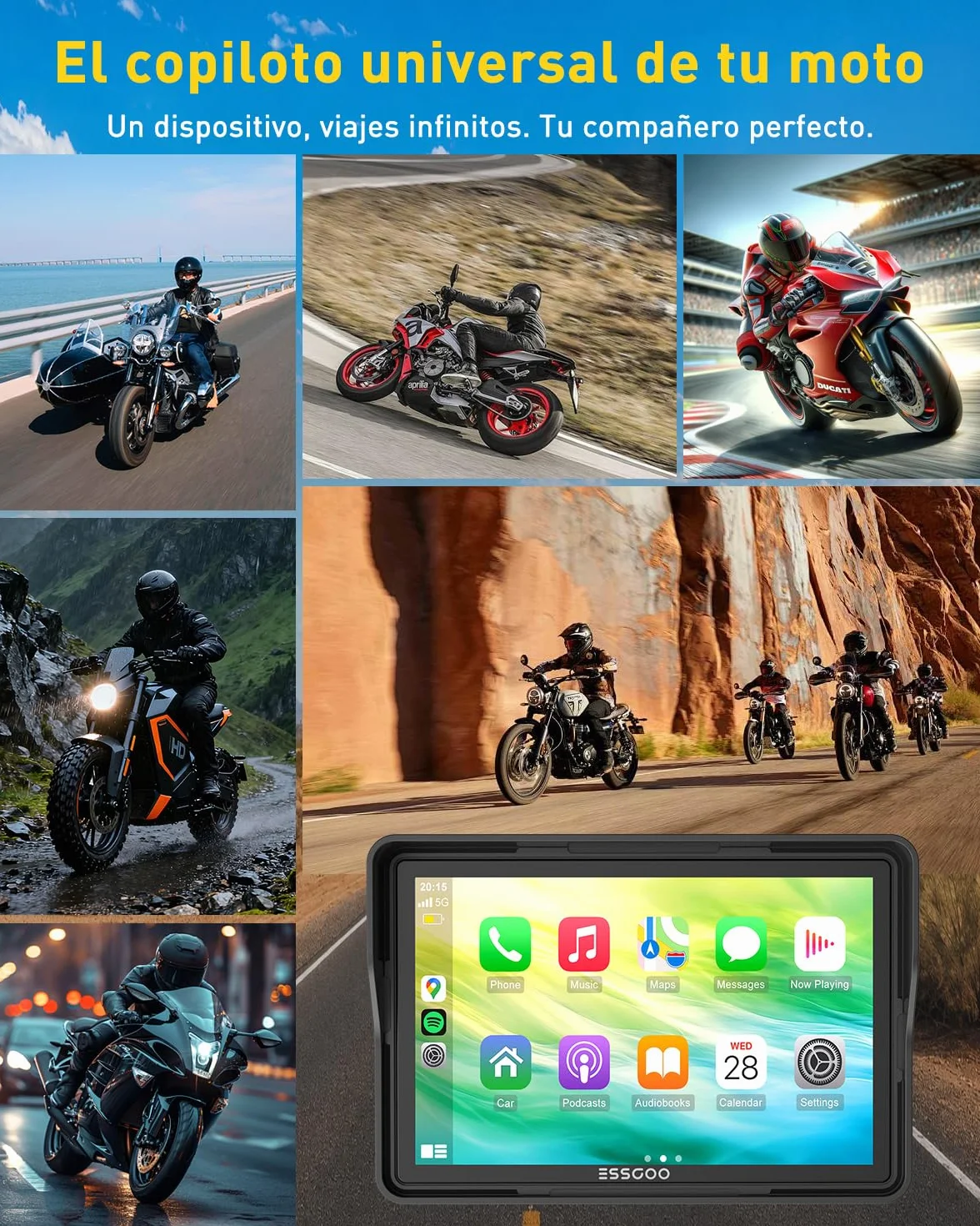 ESSGOO Carplay Moto 5 Pulgadas Pantalla Táctil, Android Auto GPS Navegador, Inalámbrico, IP67, Dual Bluetooth