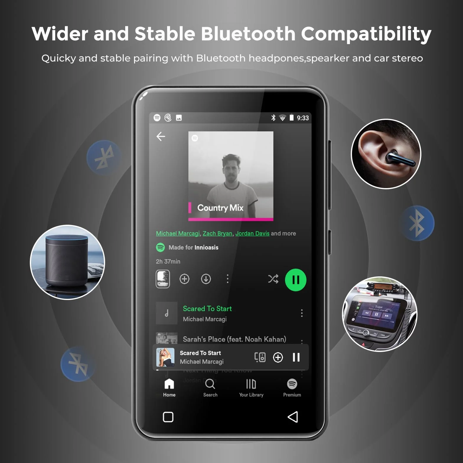 innioasis Reproductor MP3 80GB Bluetooth WiFi 4 Pulgadas Pantalla Táctil Spotify Pandora Amazon Music Audible Negro