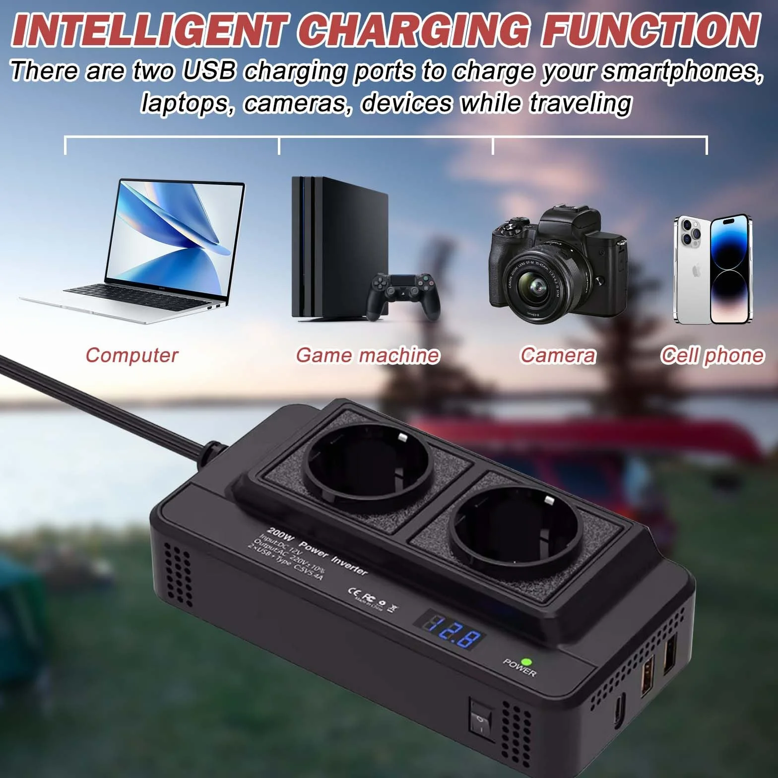 Transformador de voltaje para coche, 200 W, 12 V a 230 V, con 2 enchufes de carga y dos puertos USB, adaptador para encendedor de cigarrillos para viajes de negocios y vacaciones