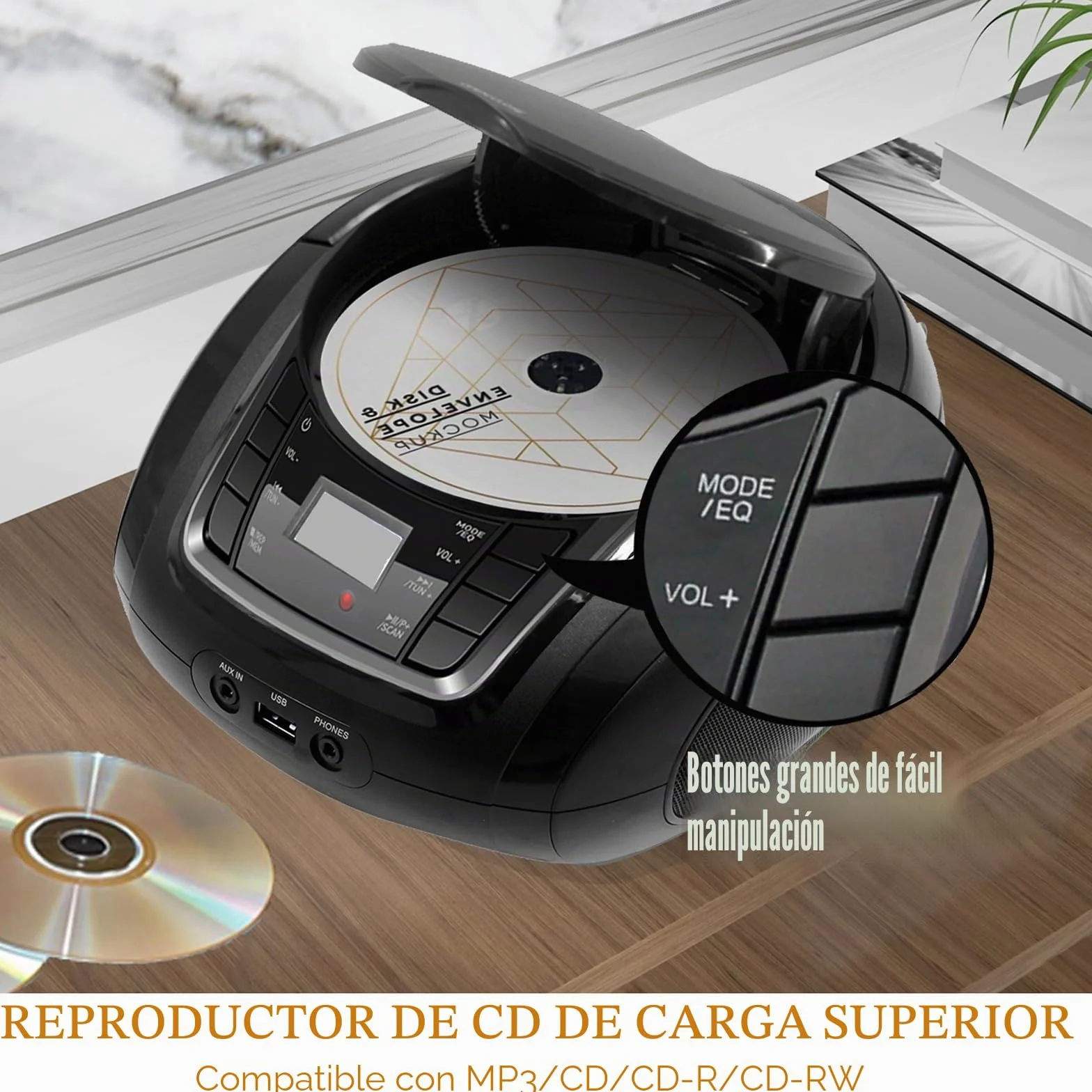 LONPOO Lectore de CD Portátil Boombox Reproductor Bluetooth/Radio FM/USB 2.0 / AUX-IN/Salida de Auriculares/Estéreo Altavoz /5 EQ