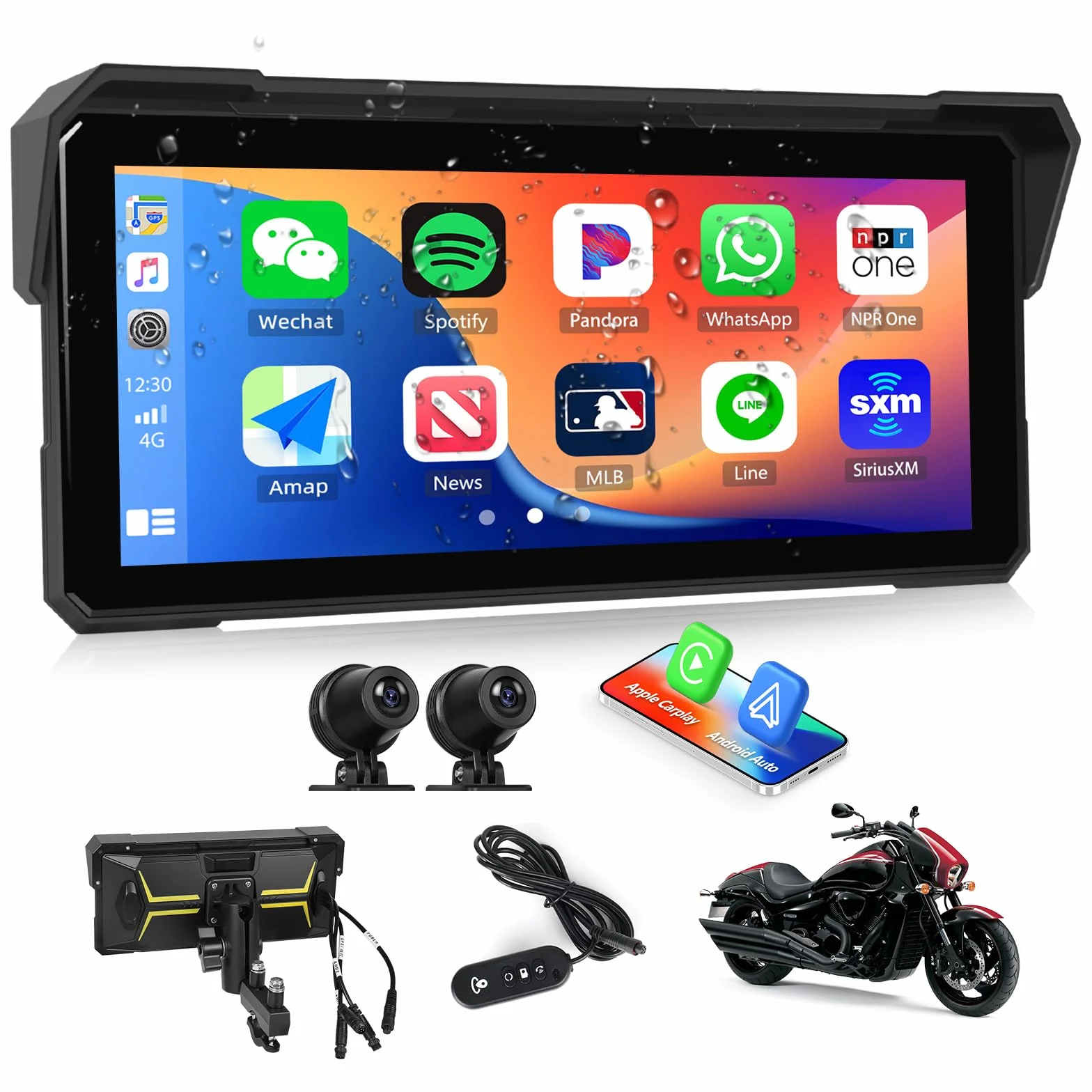CAMECHO Motorrad CarPlay mit Dual-Kameras, 8.1 zoll HD Touchscreen für Moto mit Wireless CarPlay & Android Auto IPS 68 Bildschirm, Unterstützung Bluetooth, GPS, EQ, Helligkeitseinstellung