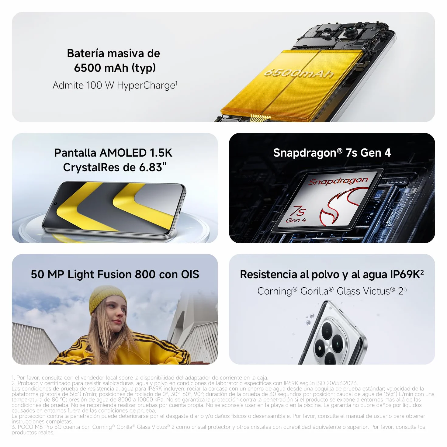 XIAOMI POCO M8 Pro 5G - Smartphone de 8+256GB, Pantalla de 6,83" 1.5K AMOLED, Snapdragon 7s Gen 4, cámara de 50MP, Hypercharge 100W, Cargador no Incluido, Negro (Versión ES)