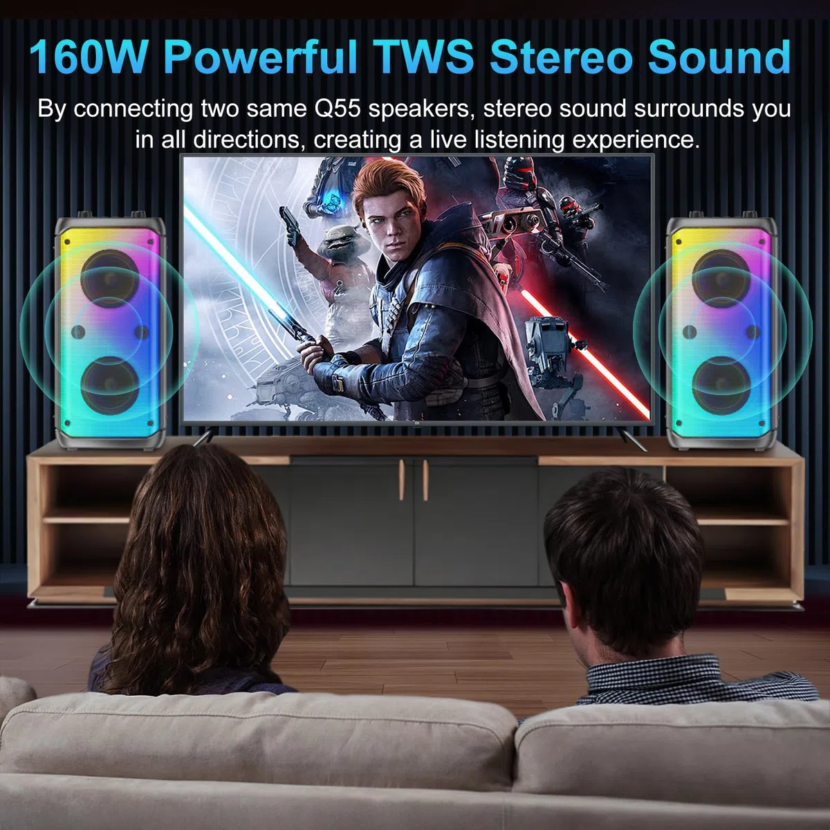 Altavoz Bluetooth, 80W Pico Inalámbrico TWS Altavoces Portátiles Fiestas Al Aire Libre con Subwoofer, Luces LED de Colores, Boombox Fuerte Sonido Estéreo con Micrófono para el Hogar, Camping, Viajes