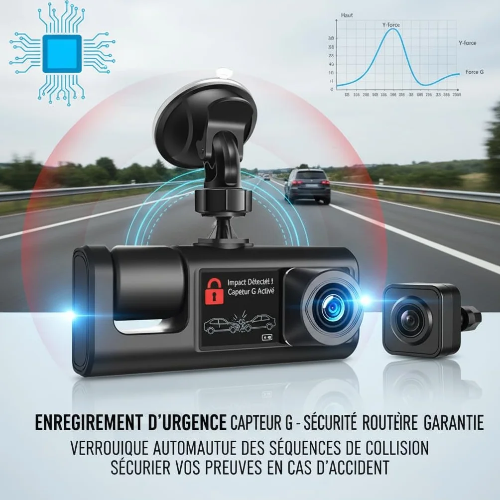 Cámara Dashcam 3 cámaras 1080P Full HD | Seguridad máxima 360° sin ángulo muerto, visión nocturna y estacionamiento vigilado, WiFi integrada detección de movimiento, ideal para conductor VTC