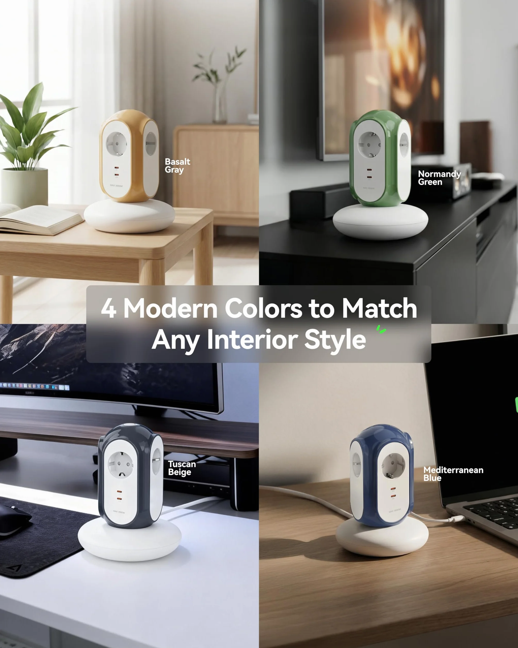 MiaoLab Regleta Eléctrica en Torre con 3 Tomas AC y 2 USB-C (Carga Rápida 30W), 3680W/16A, Protección contra Sobretensiones 1420J, Cable de Extensión 2 m, Protección contra Sobreca (Beige Toscano)