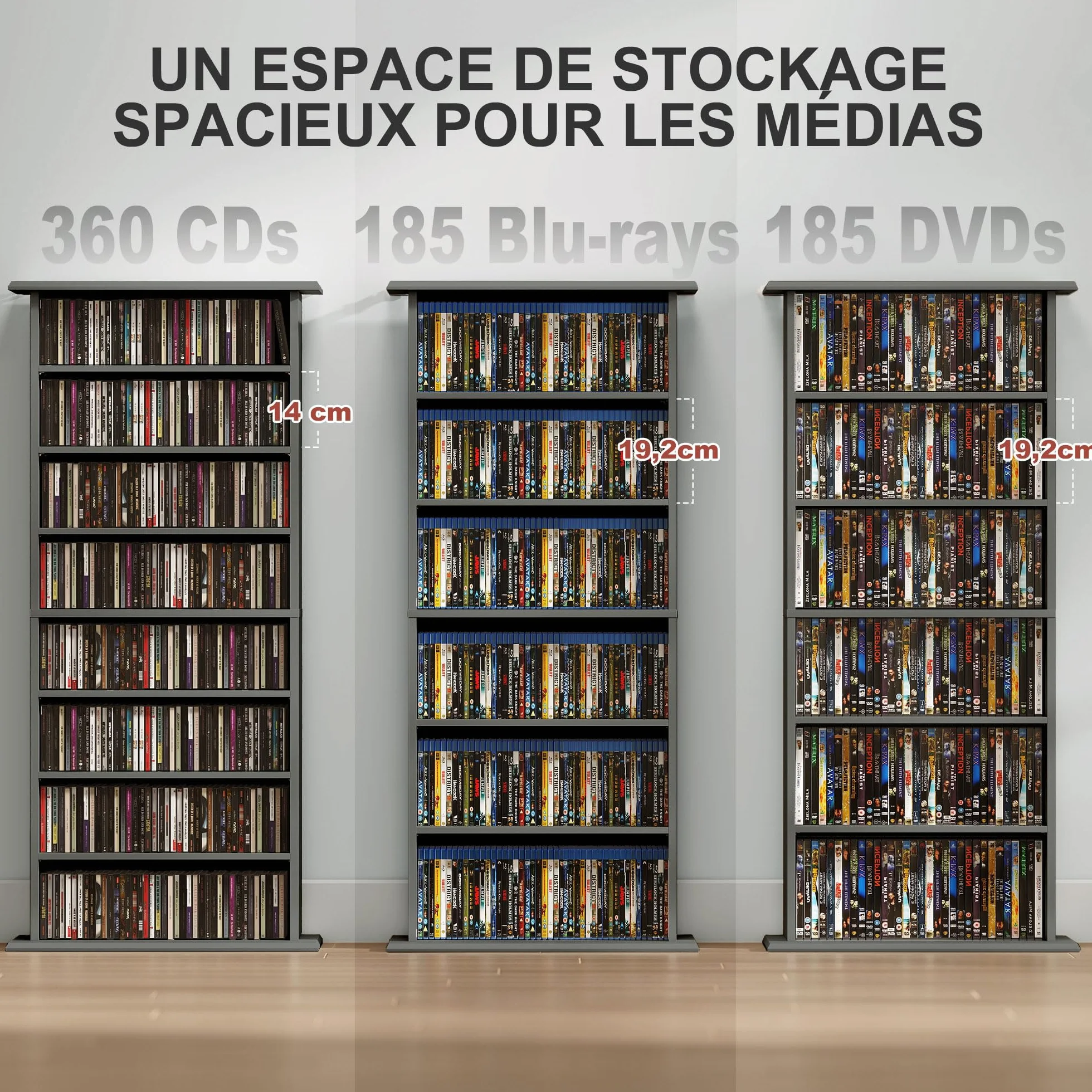 Almacenamiento de CD y DVD HOMCOM, unidad de almacenamiento multimedia, capacidad máx. 360 CD/185 DVD y Blu-ray, 8 compartimentos y 6 estantes ajustables, para salón, dormitorio, 58 x 24 x 126,3 cm,