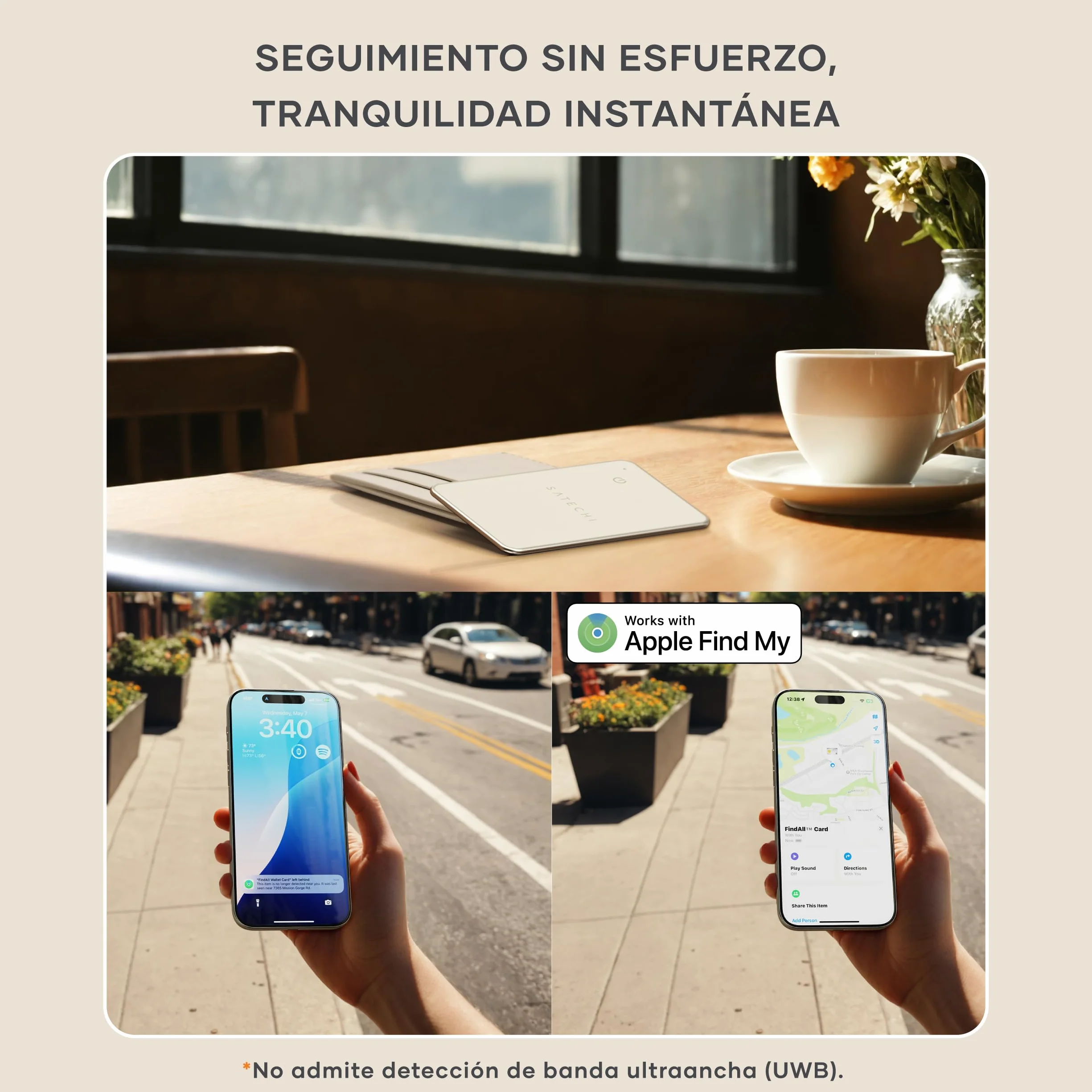 SATECHI FindAll Air Tag Card GPS para Carteras con Apple Find My, Alerta de Olvido, Sonido Potente, Carga Inalámbrica, Tarjeta GPS Ligera, Localizador Cartera para iPhone, iPad, Mac – Beige