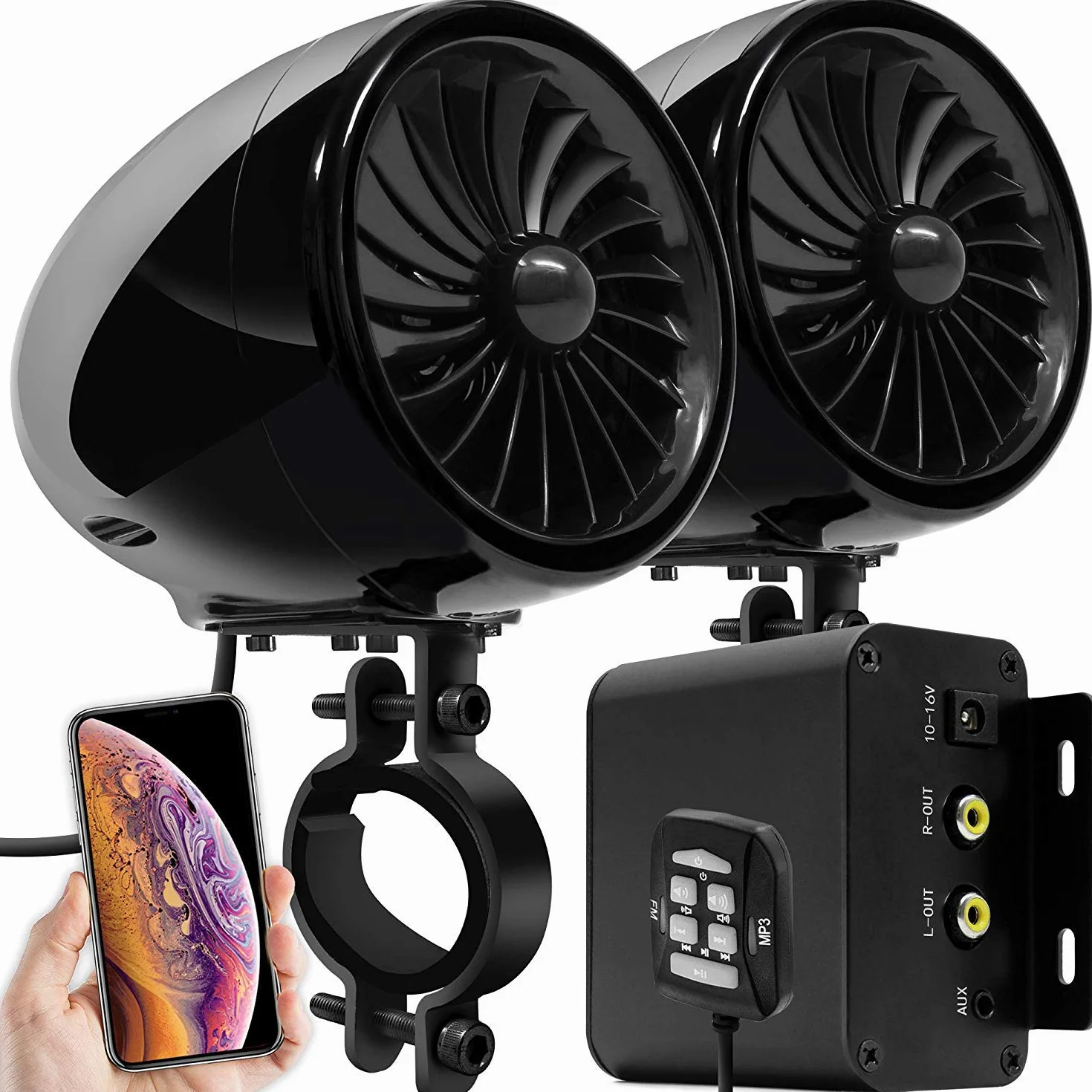 M150 Sistema de Audio con Amplificador de Moto con AUX, MP3, Radio FM, 4 Pulgadas de Altavoces estéreo Bluetooth Impermeables para Motocicletas ATV UTV RZR (Negro, Ventilador)