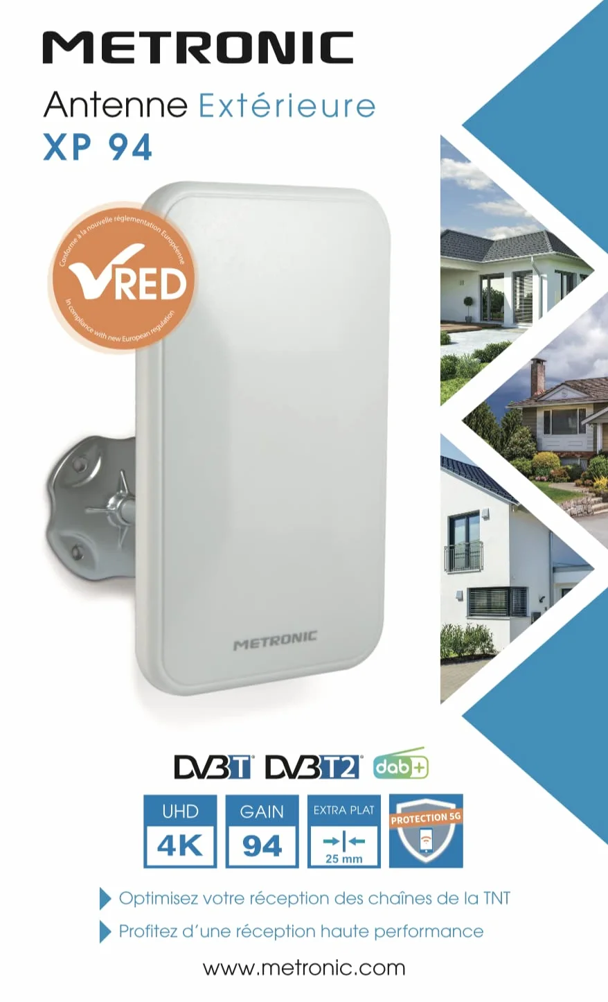 Antena TV TDT Interior Exterior HDTV UHD 4K DVB-T DVB-T2 UHF filtro 5G DAB+ ganancia 94 extraplana fijación mástil pared