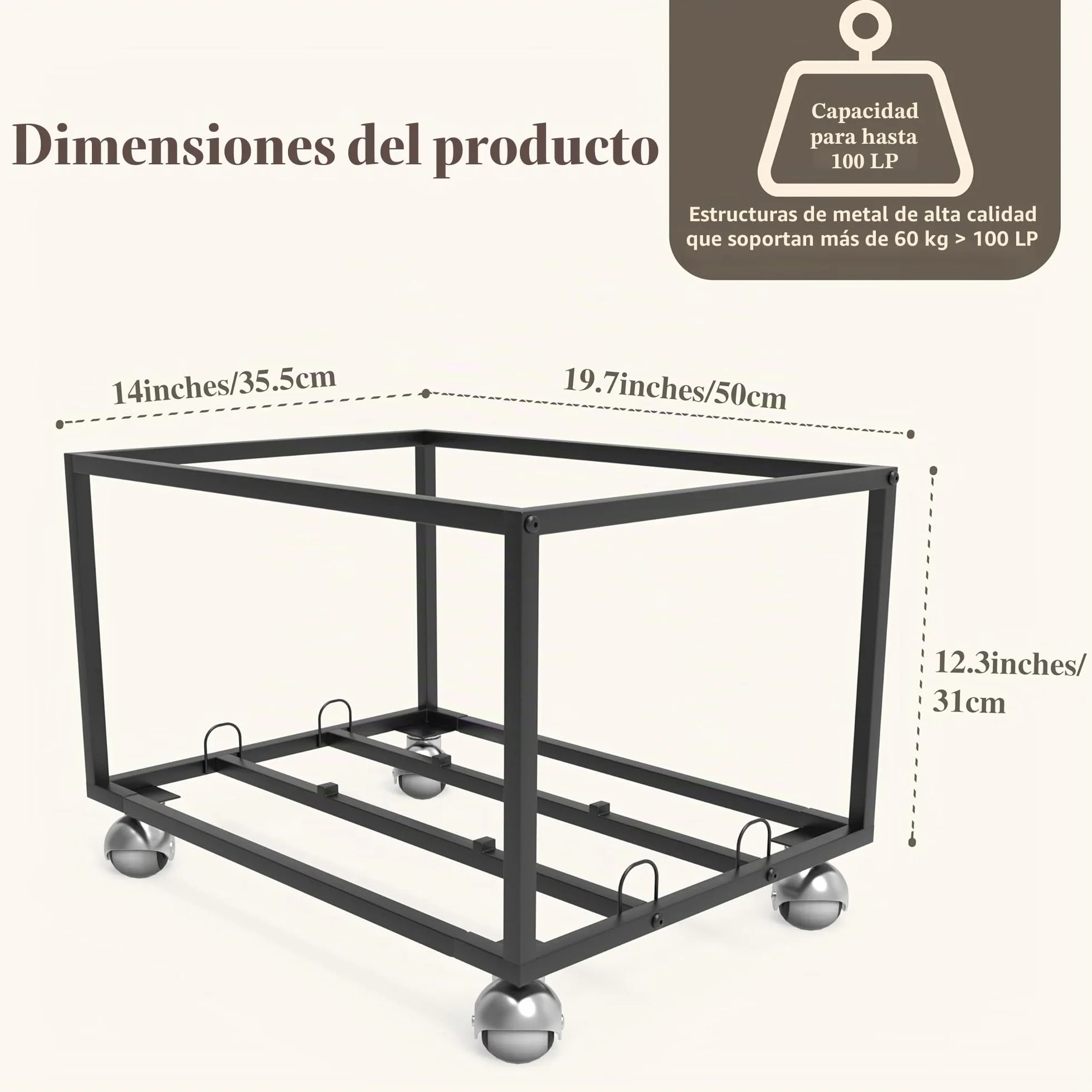 Almacenamiento de discos de vinilo sobre ruedas, estructura de metal resistente, capacidad para hasta 100 álbumes, elegante organizador para tu colección de vinilos