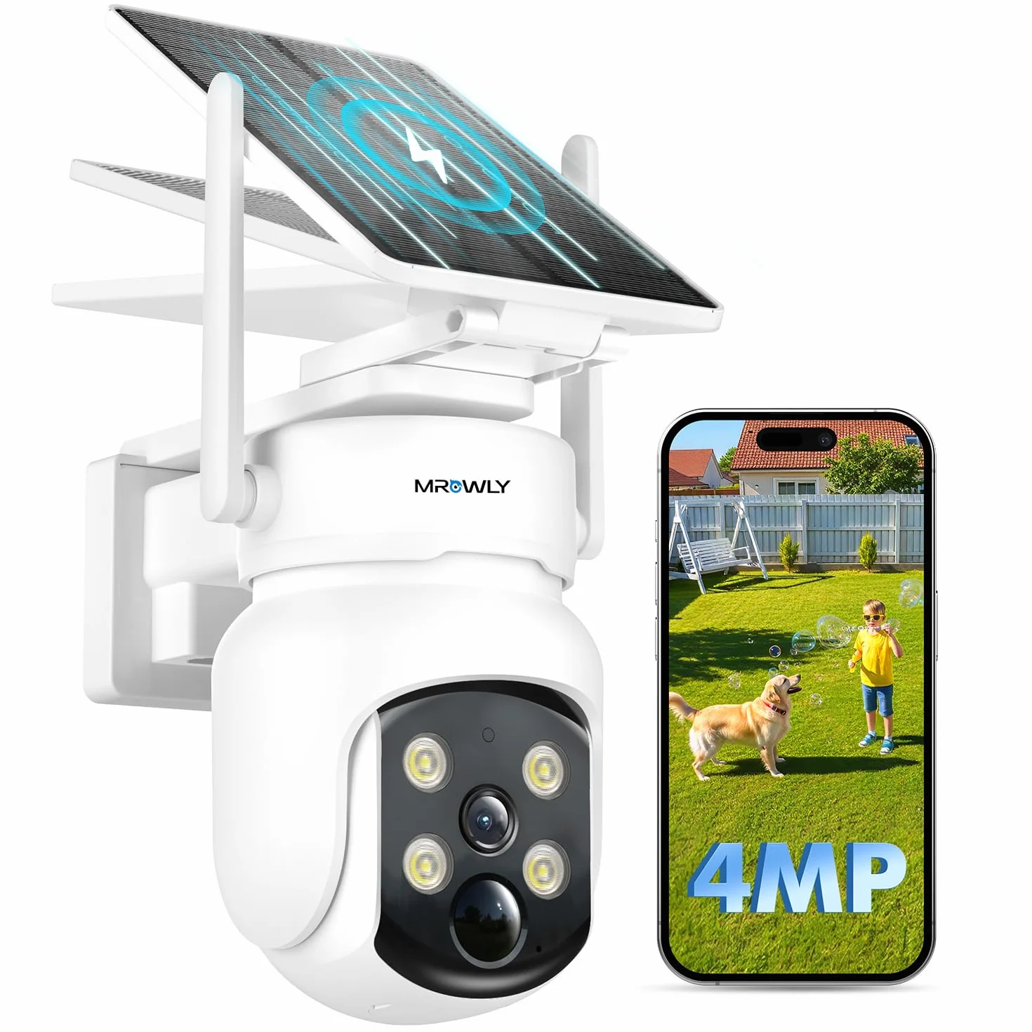 Camara Vigilancia WiFi Exterior Solar 2 en 1, 4MP/2.5K Camara sin Cables, 360° Cobertura, Fácil Instalación, 2.4/5 GHz WiFi, Visión Nocturna en Color, PIR, SD/Nube