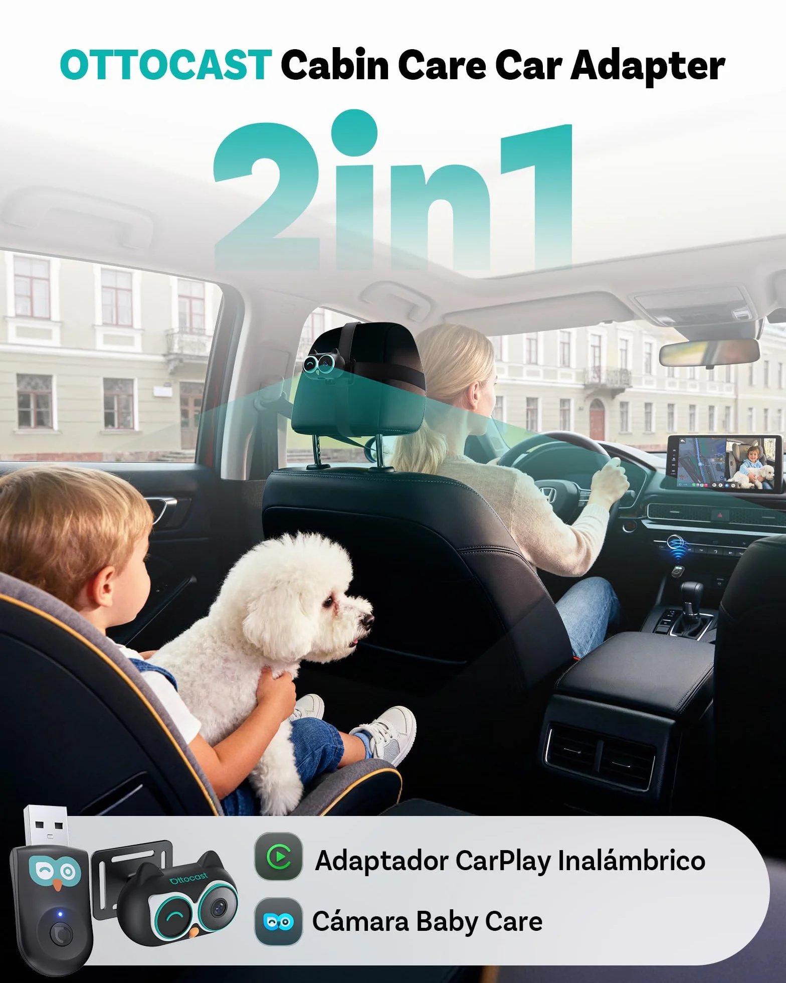 OTTOCAST Cabin Care 2026, CarPlay Inalámbrico + Cámara Trasera de Seguridad para Bebés/Mascotas, 1080P, IR Visión Nocturna, Ultra Gran Angular 150°, Compatible iOS 10+ y Coches con Carplay Desde 2016