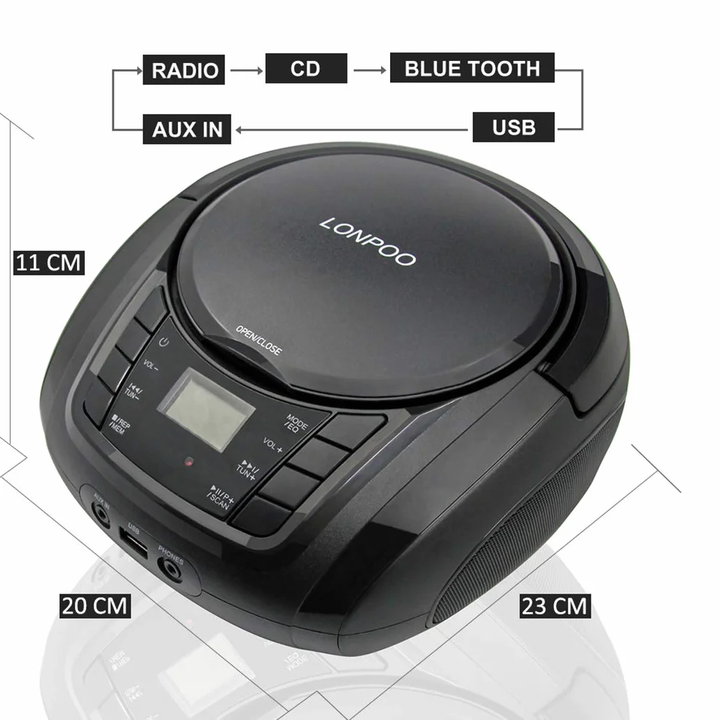 LONPOO Reproductor de CD Portátil Bluetooth con Altavoz HiFi, Radio FM, USB, AUX