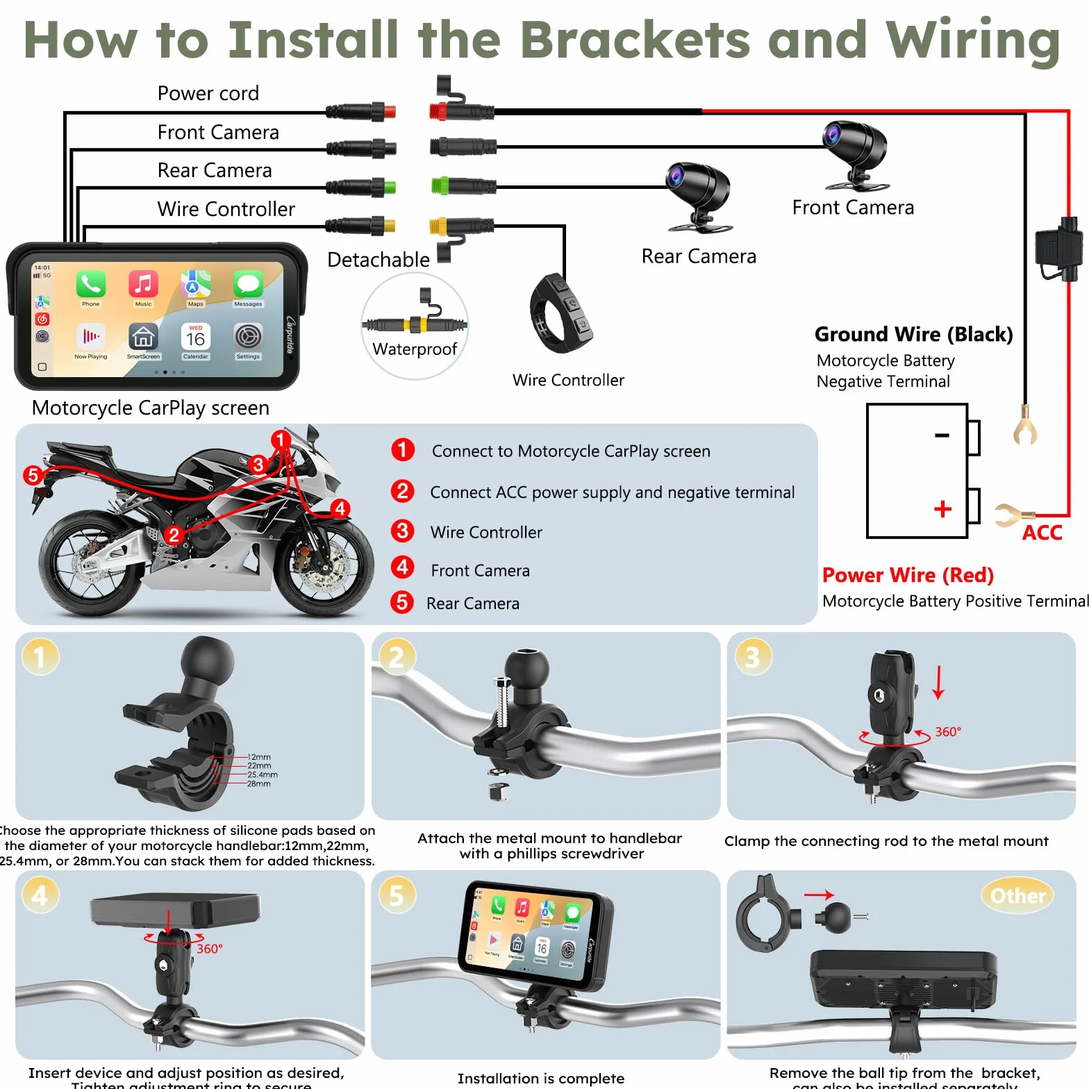 Carpuride Pantalla GPS de motocicleta CarPlay de 6.3 pulgadas sin cables CarPlay y Android Auto para Moto, con cámara doble y TPMS, control remoto, impermeable IP67, BT Audio, grabación en bucle