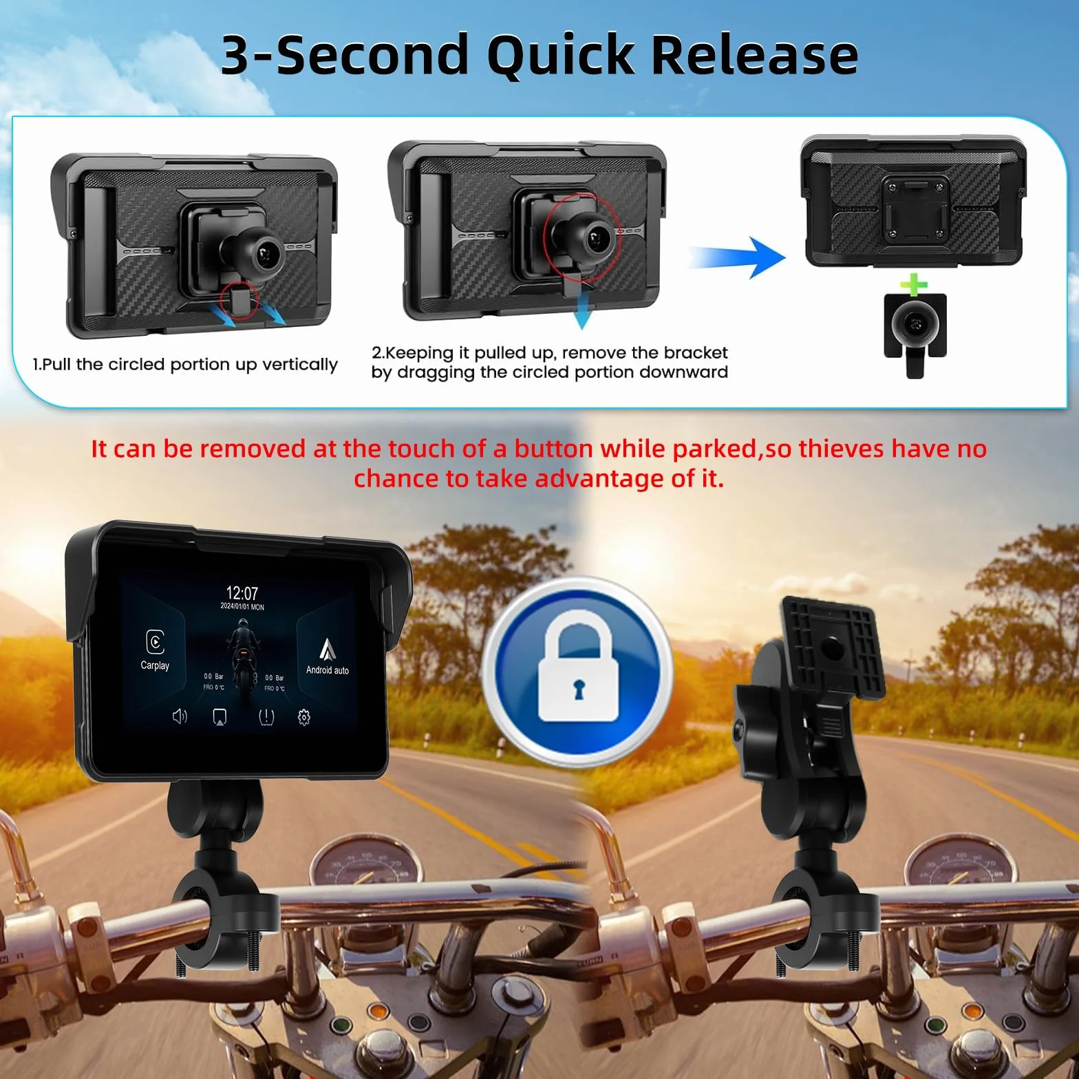 Pantalla Carplay Portátil para Motocicleta, Carplay Inalámbrico y Android Auto para Motocicleta, Pantalla Táctil Impermeable IP68 de 5" para Motocicleta, Compatible con GPS, Enlace Espejo, Bluetooth
