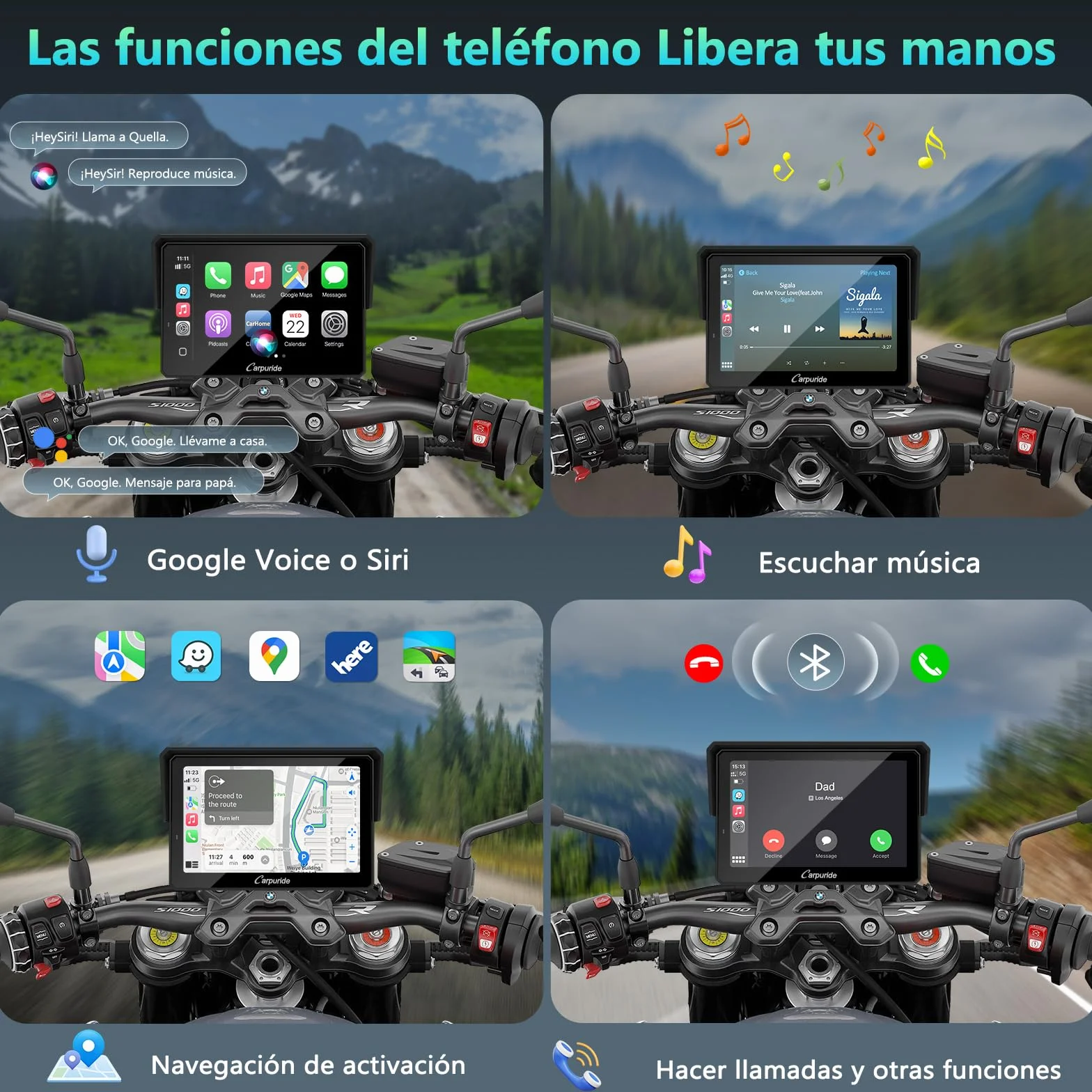CARPURIDE W502BS Pro CarPlay Android Auto para Motocicletas, Pantalla GPS 5 Pulgadas Impermeable Bluetooth Dual