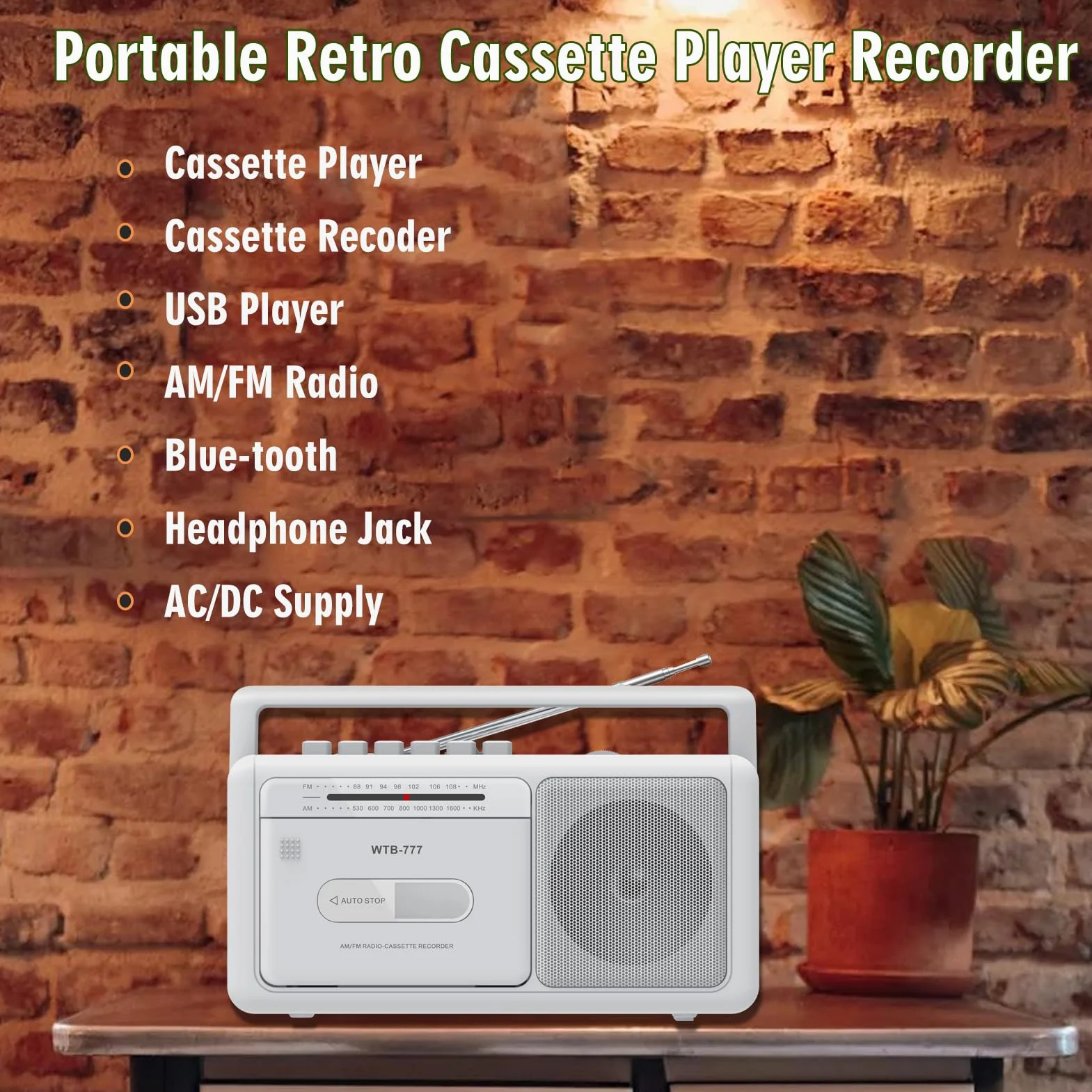 Reproductor de Casete Portátil, Radio estéreo Am/FM con Bluetooth, USB, Conector para Auriculares, Grabador de Casete portátil para casa o al Aire Libre