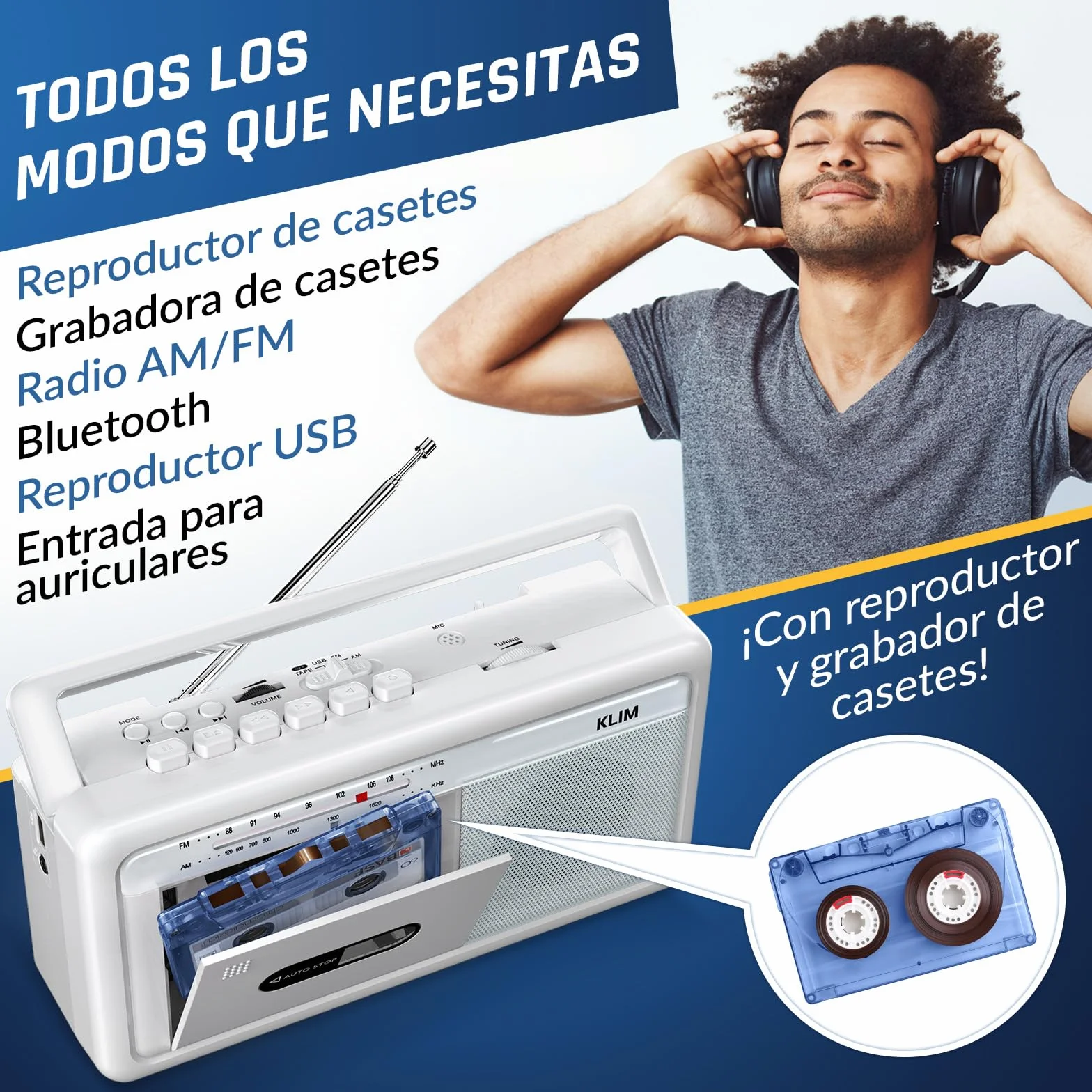 KLIM Boombox Cassette Player AM/FM Radio Bluetooth USB Retro Portable - White Frost