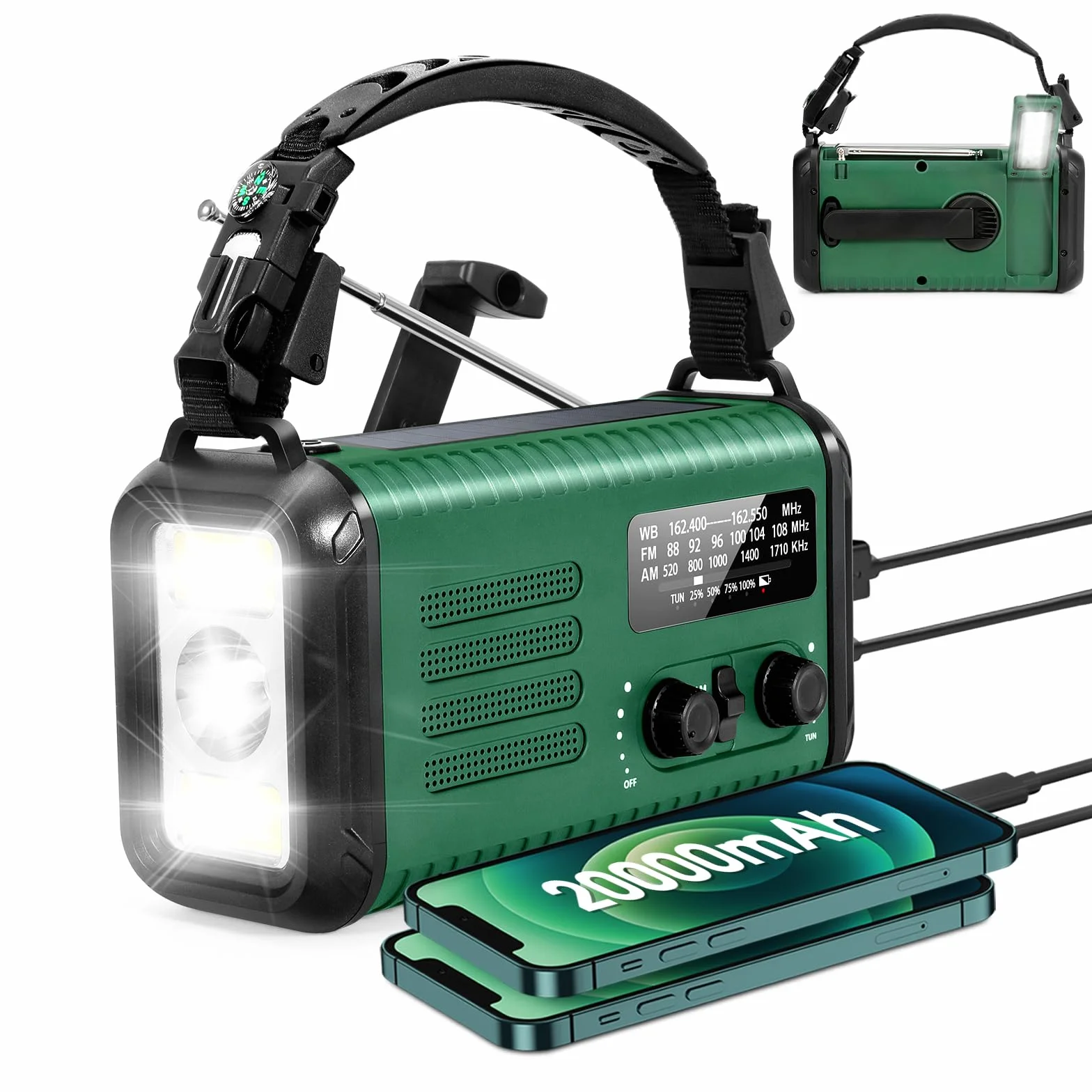 Radio de Emergencia 20000 mAh Solar de Manivela AM/FM con Cargador Teléfono SOS Linterna