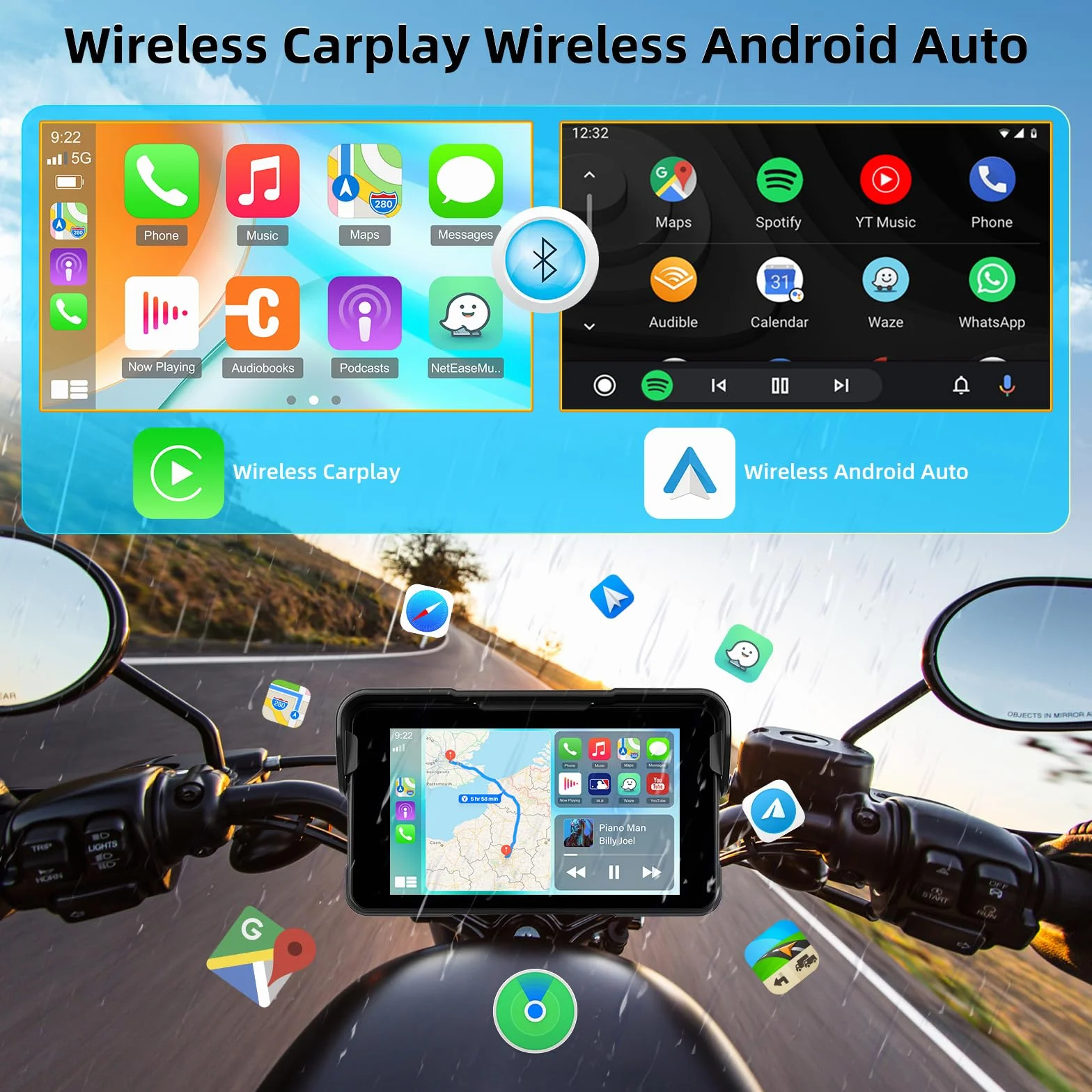 Pantalla Carplay Portátil para Motocicleta, Carplay Inalámbrico y Android Auto para Motocicleta, Pantalla Táctil Impermeable IP68 de 5" para Motocicleta, Compatible con GPS, Enlace Espejo, Bluetooth