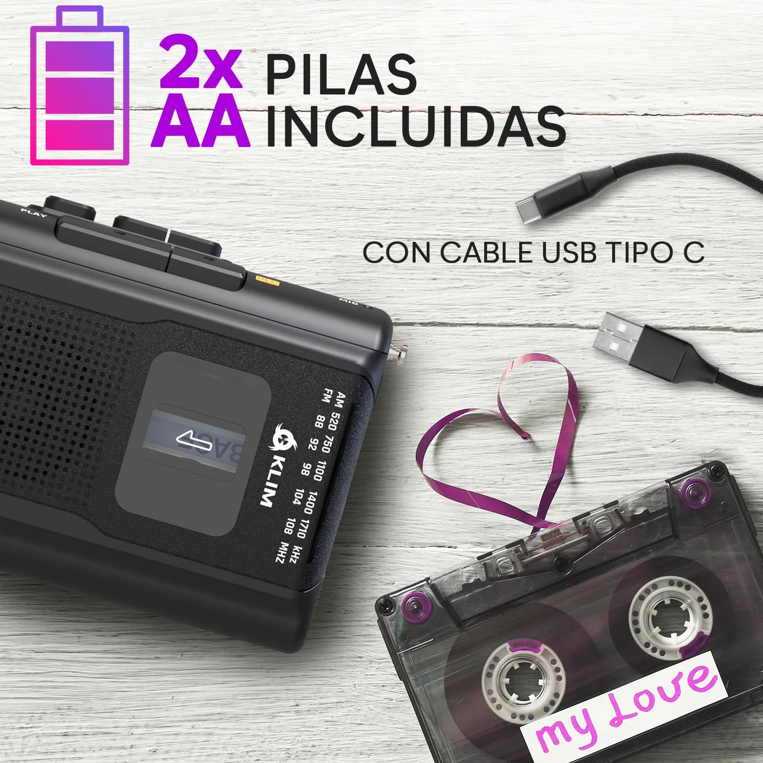 KLIM K8 Reproductor Cassette Auriculares Fusion Radio AM/FM Micrófono Altavoz Integrados