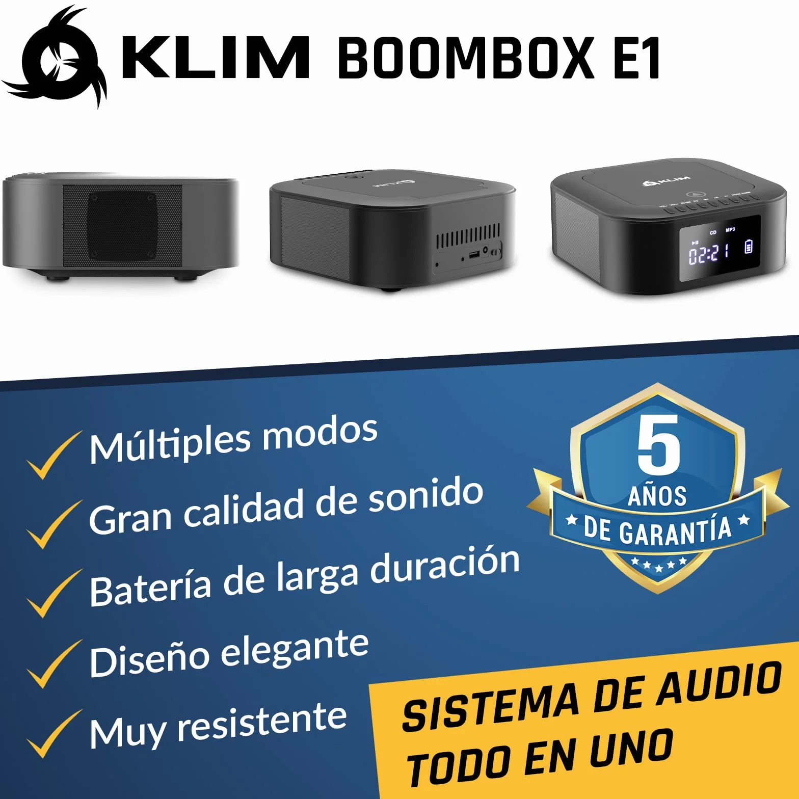 KLIM Boombox E1 - Caja de CD - Reproductor de CD portátil - Bass Boost con Subwoofer - Radio FM y batería Recargable - Bluetooth, MP3, AUX, USB - Radio CD portátil con Mando