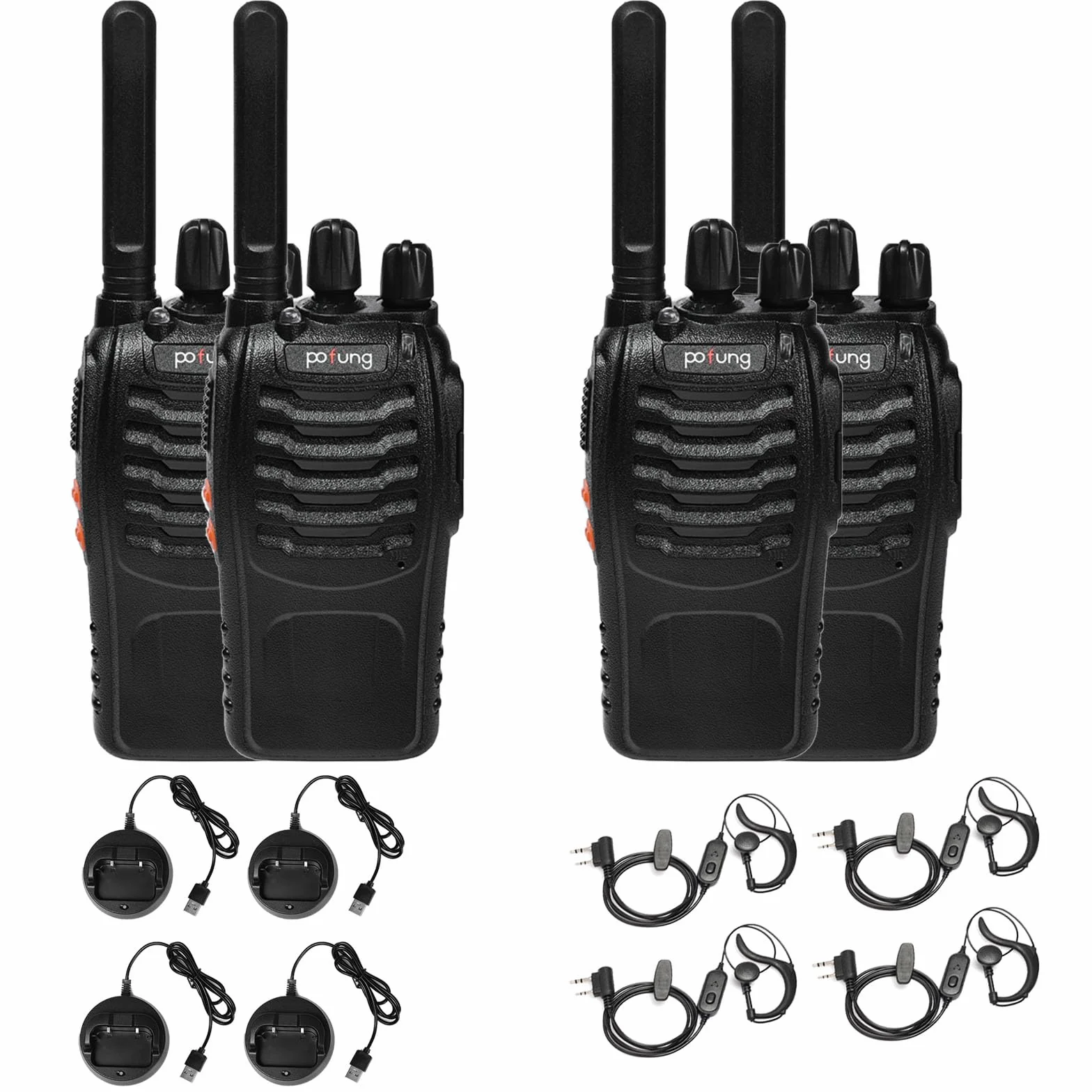 Walkie Talkie PMR446 Licencia Libre Pofung PT88E Radio Comunicador, 16 Canales Walkis Profecionales 1500mAh Walkie Talkie Largo Alcance Radio Portátil,para Adultos Senderismo (Negro, 4 Piezas)