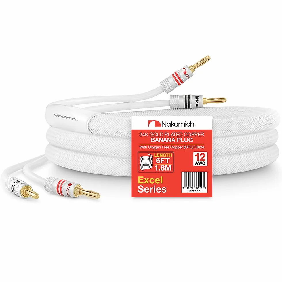 Nakamichi Excel Series Conector tipo banana chapado en oro de 24 quilates con cable de altavoz (6 pies) 99.9% cobre libre de oxígeno (OFC) trenzado resistente - Blanco (12 AWG / 6 pies / 1.8 m)